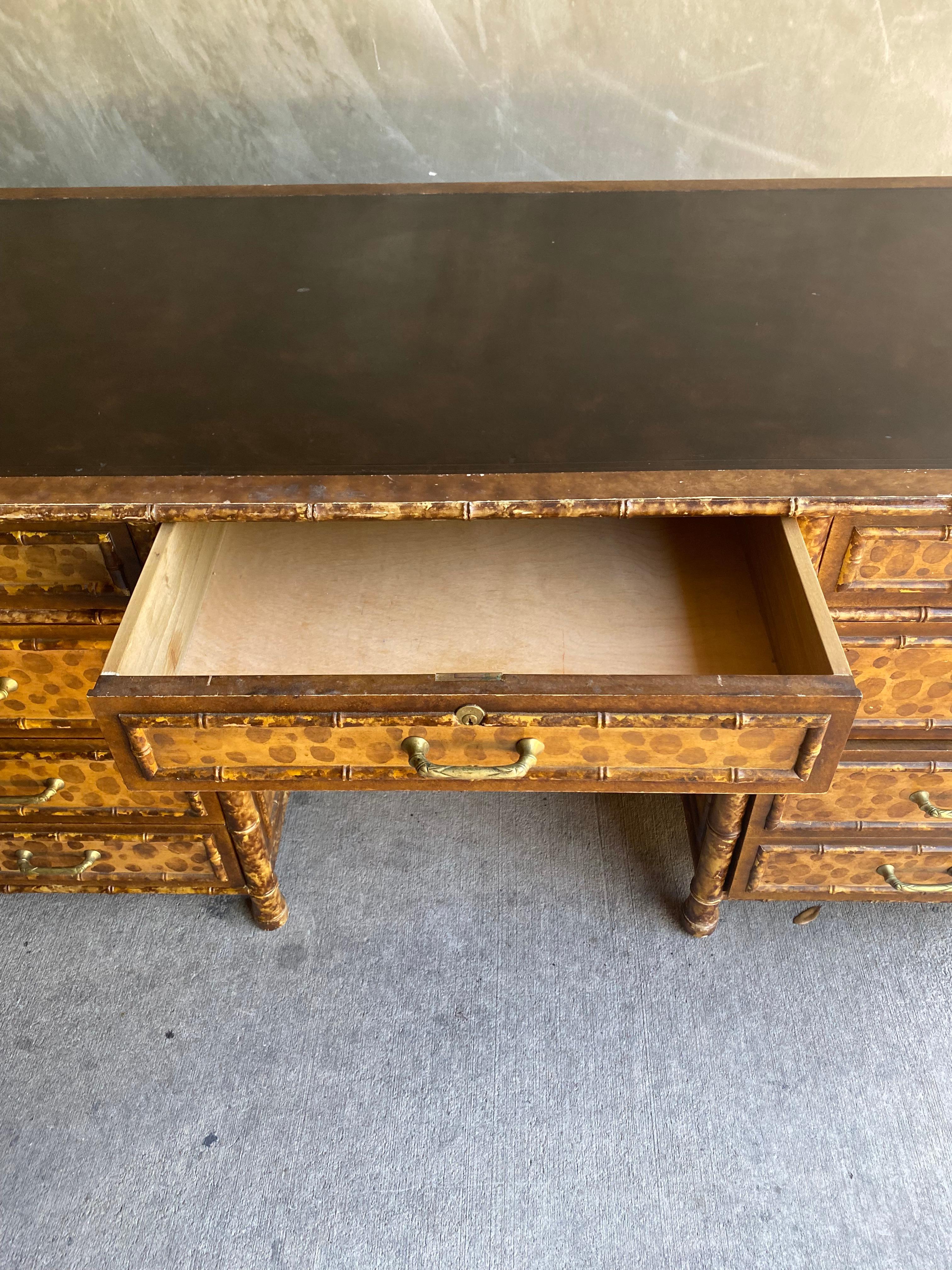 Brass Faux Bamboo Tortoise Shell Desk in the Style of Maitland Smith
