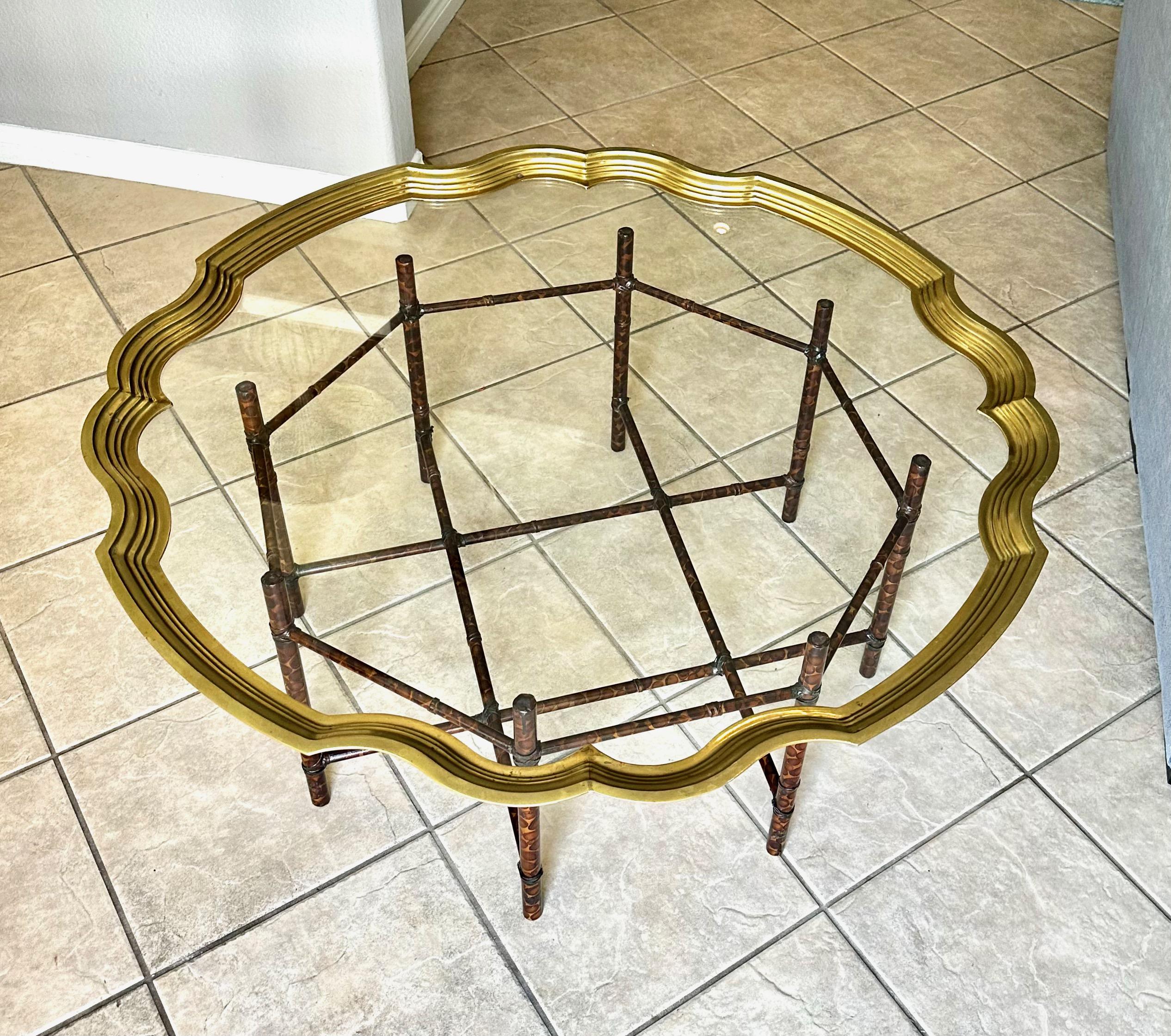 Faux Bamboo Tortoise Shell Round Glass Cocktail Coffee Table For Sale 14