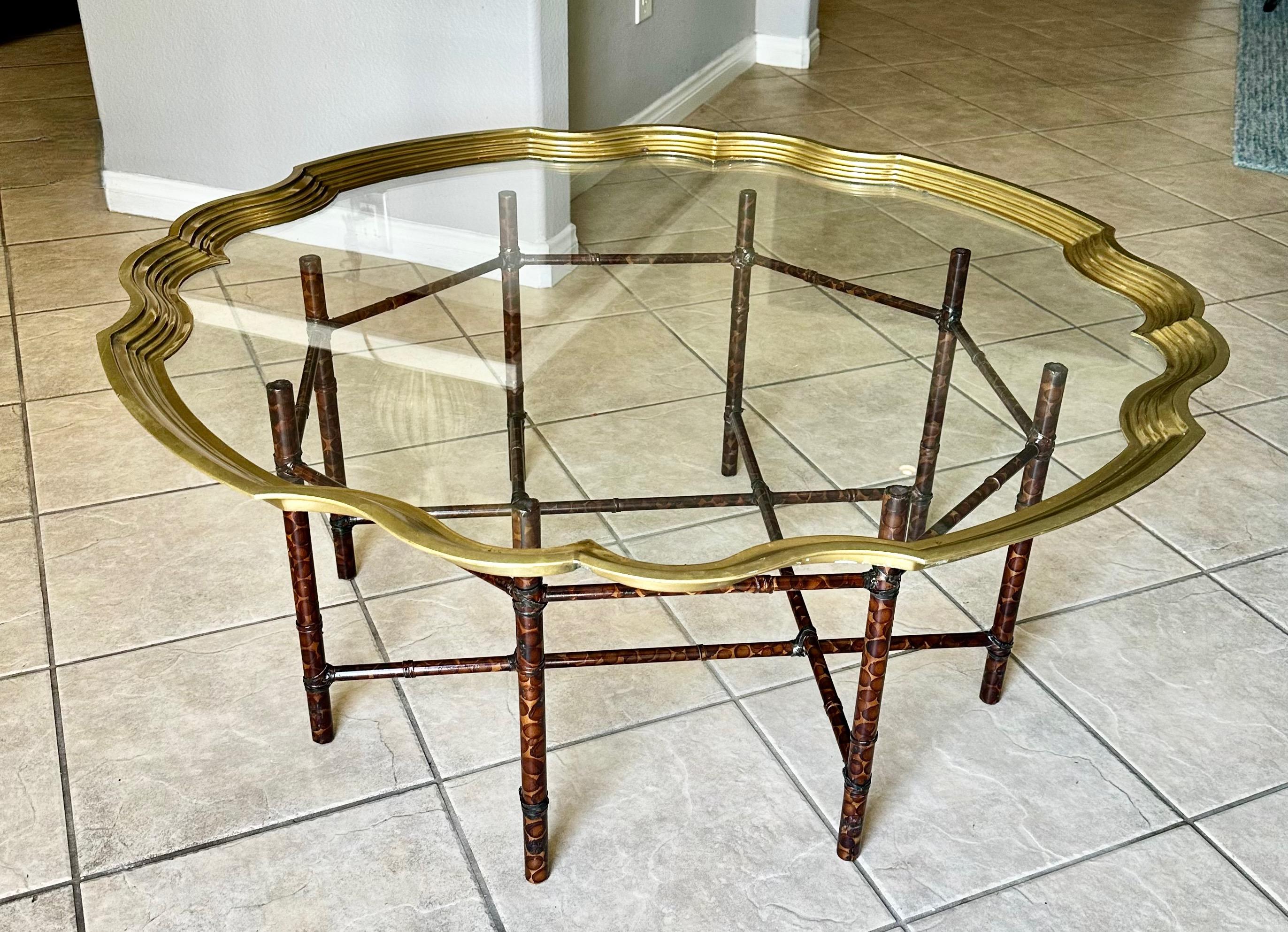Italian Faux Bamboo Tortoise Shell Round Glass Cocktail Coffee Table For Sale