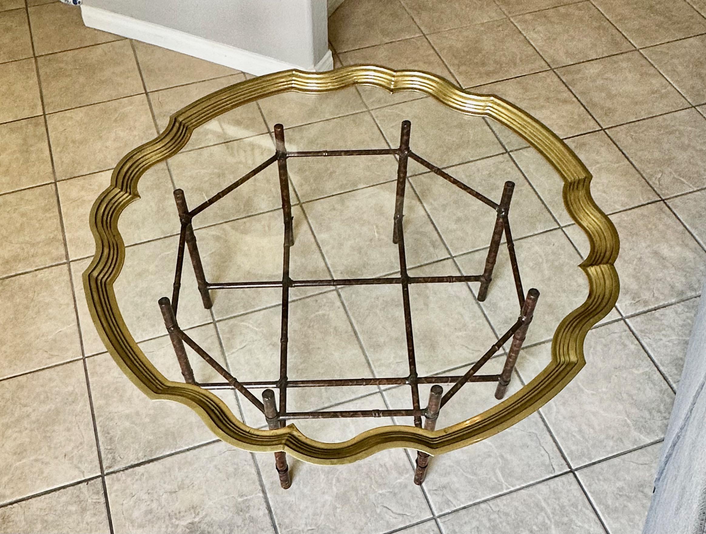 Faux Bamboo Tortoise Shell Round Glass Cocktail Coffee Table In Good Condition For Sale In Palm Springs, CA