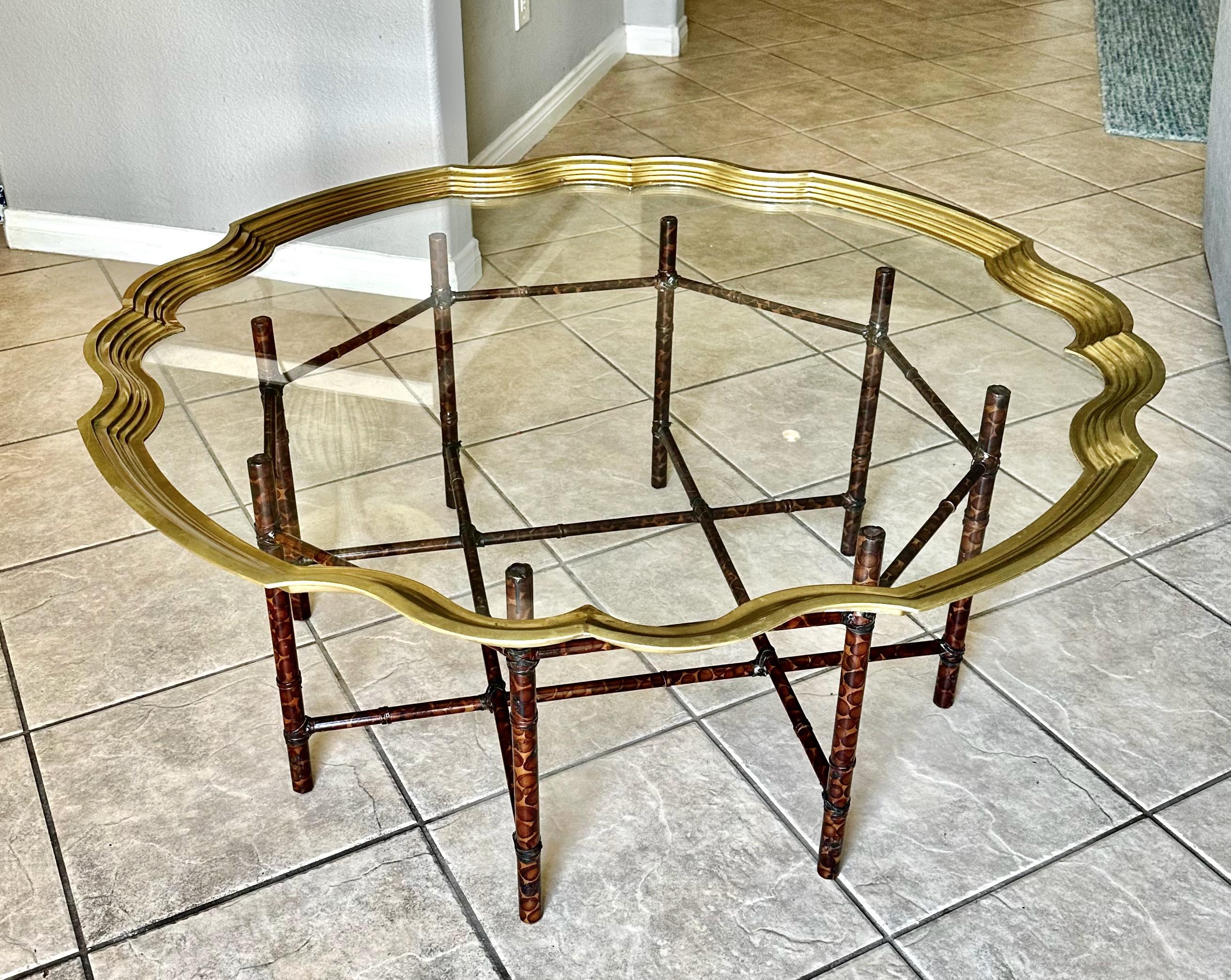 Mid-20th Century Faux Bamboo Tortoise Shell Round Glass Cocktail Coffee Table For Sale