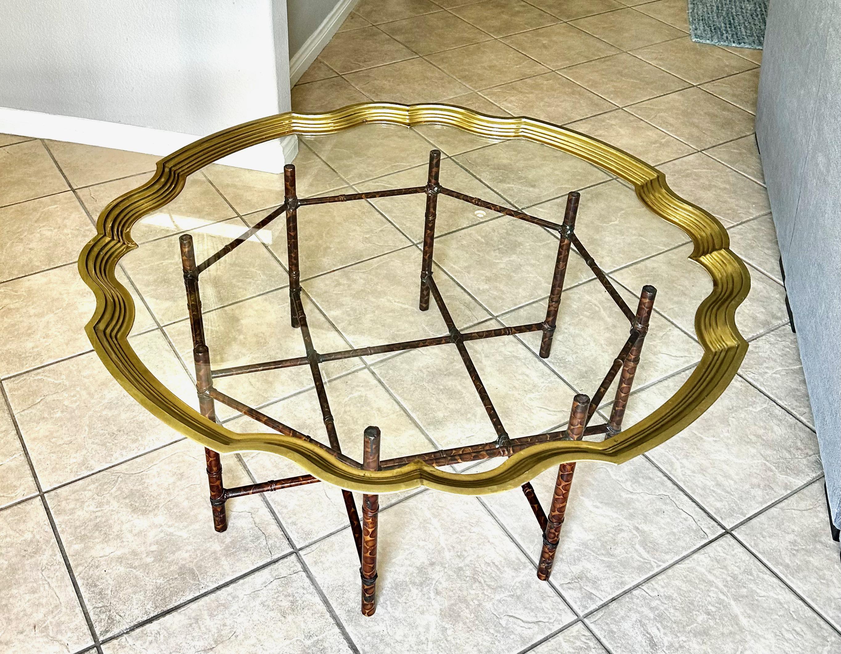 Brass Faux Bamboo Tortoise Shell Round Glass Cocktail Coffee Table For Sale