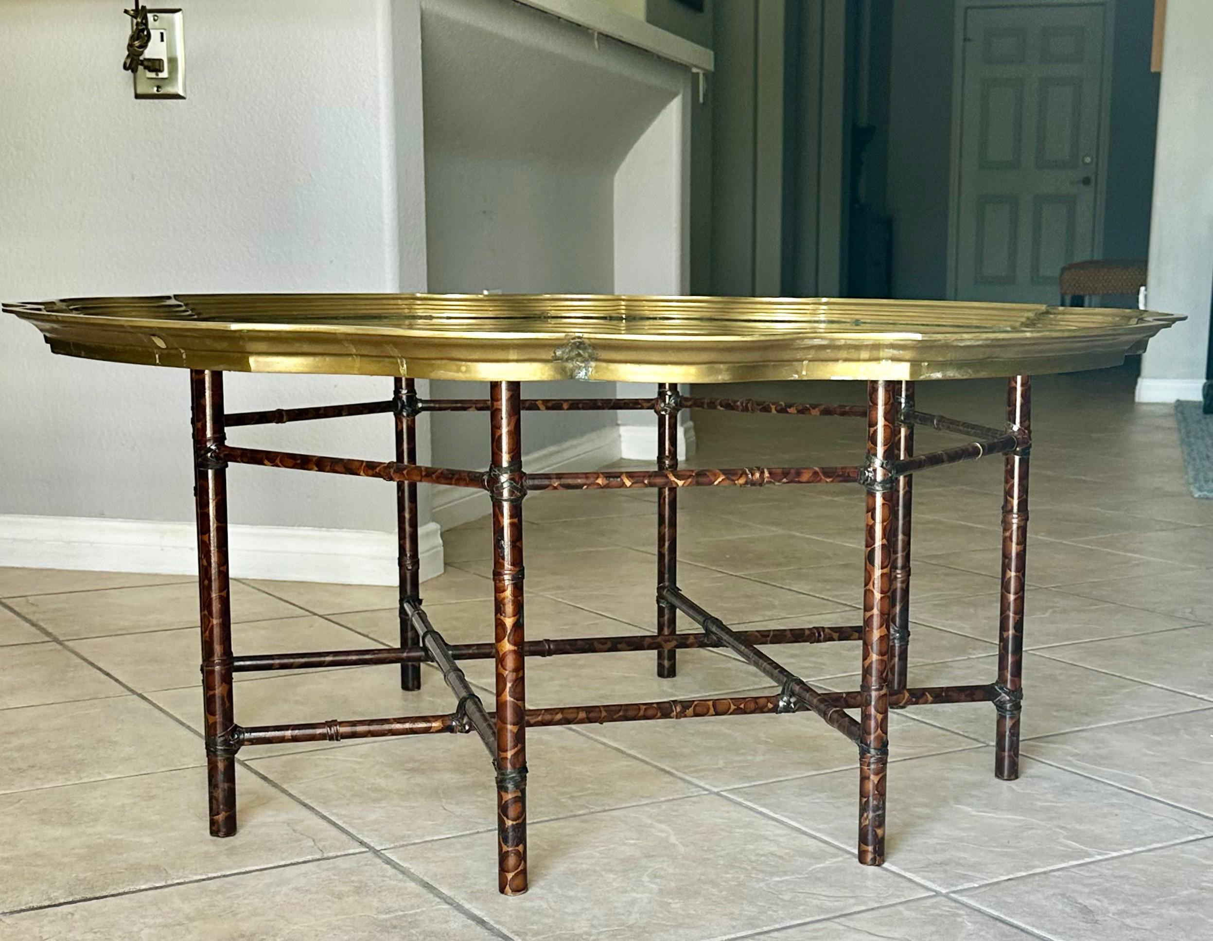 Faux Bamboo Tortoise Shell Round Glass Cocktail Coffee Table For Sale 1