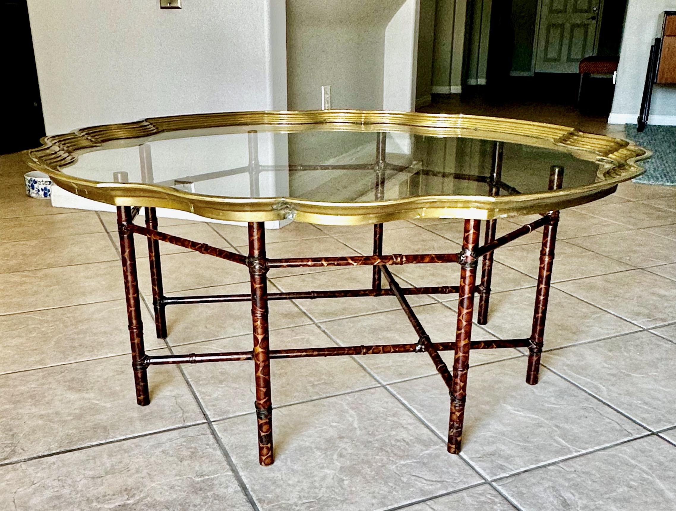 Faux Bamboo Tortoise Shell Round Glass Cocktail Coffee Table For Sale 2