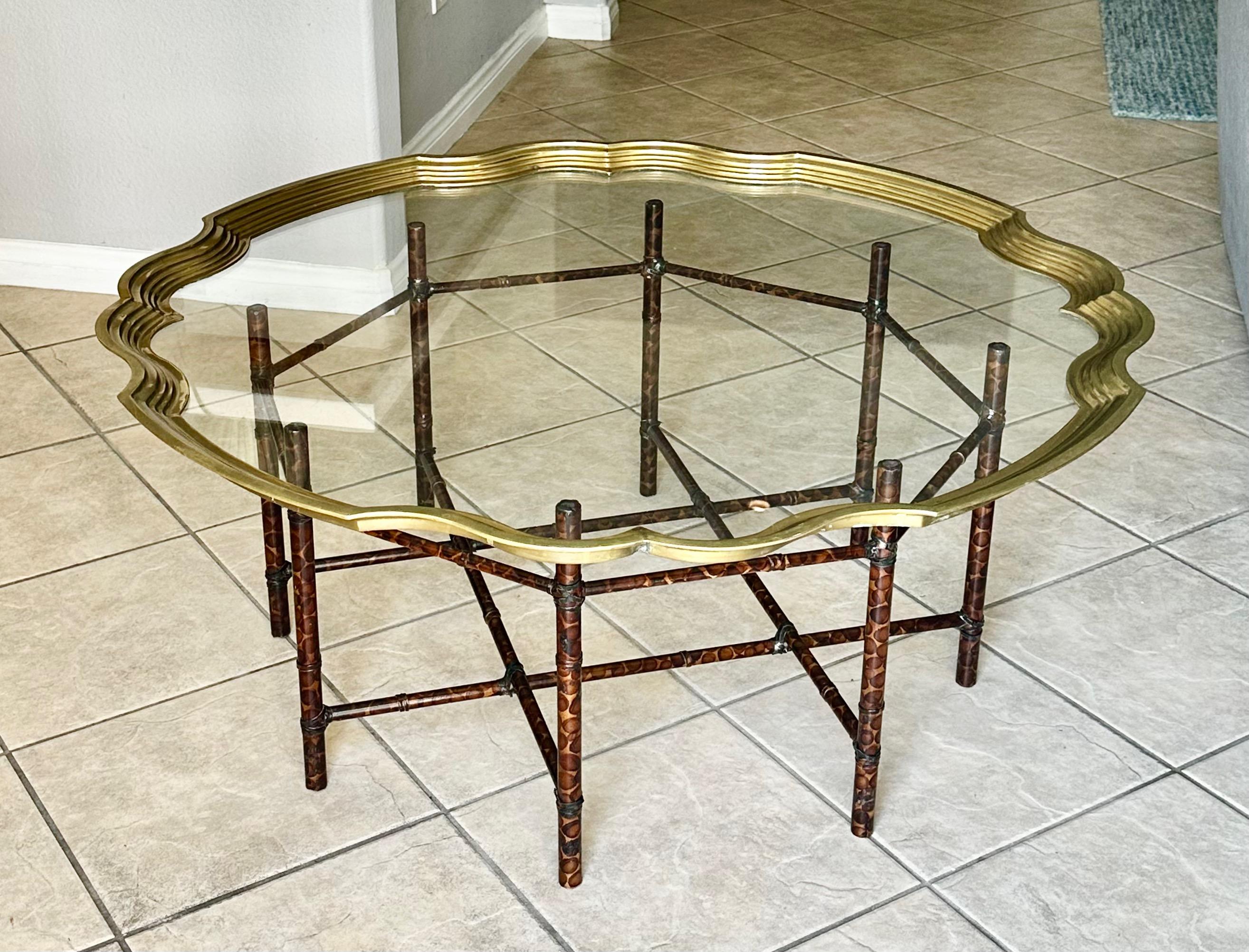 Faux Bamboo Tortoise Shell Round Glass Cocktail Coffee Table For Sale 3