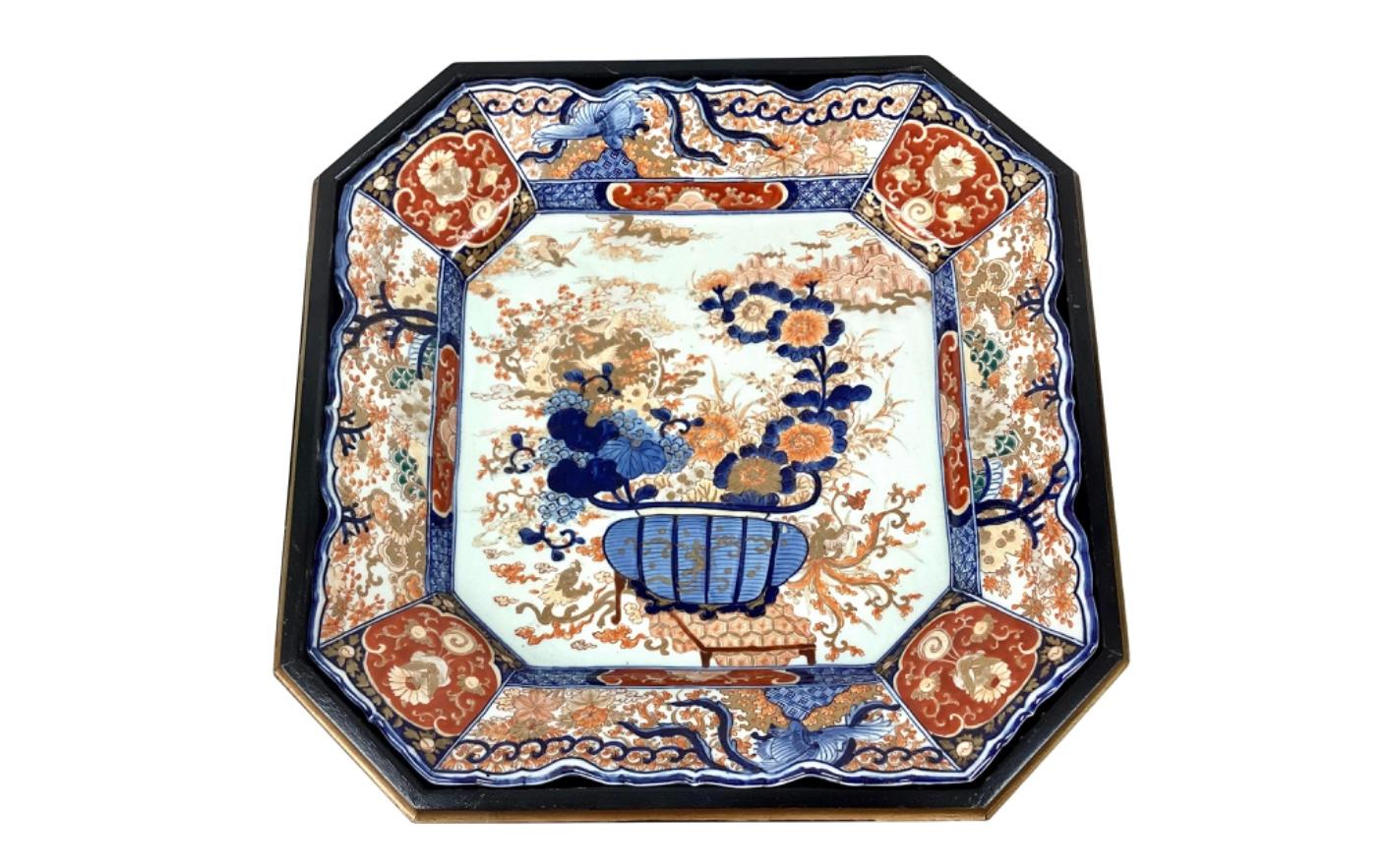 Faux Bamboo Tray Table with Japanese Imari Porcelain Platter Top For Sale 2