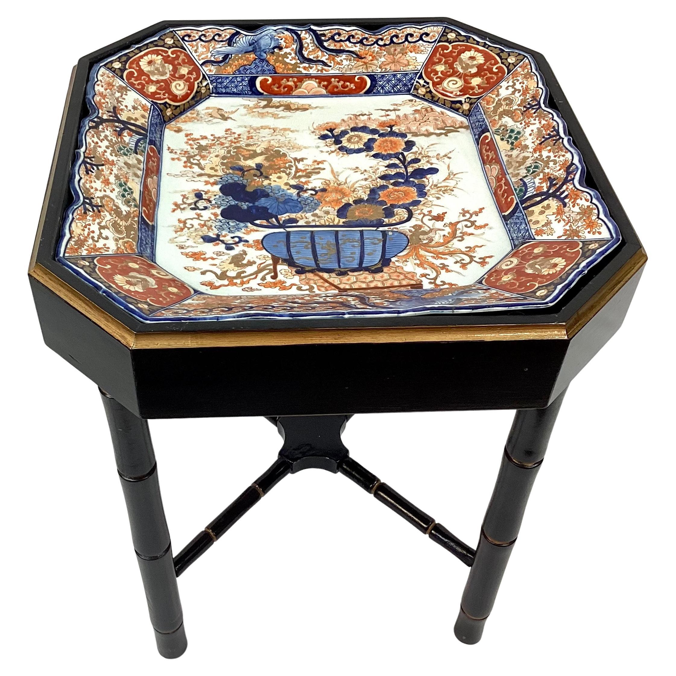 Faux Bamboo Tray Table with Japanese Imari Porcelain Platter Top For Sale