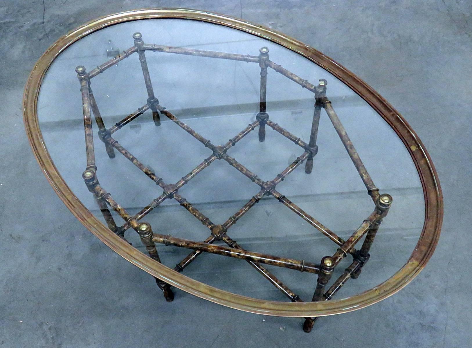 Hollywood Regency Baker Faux Bamboo Brass and Glass Tray Top Coffee Table