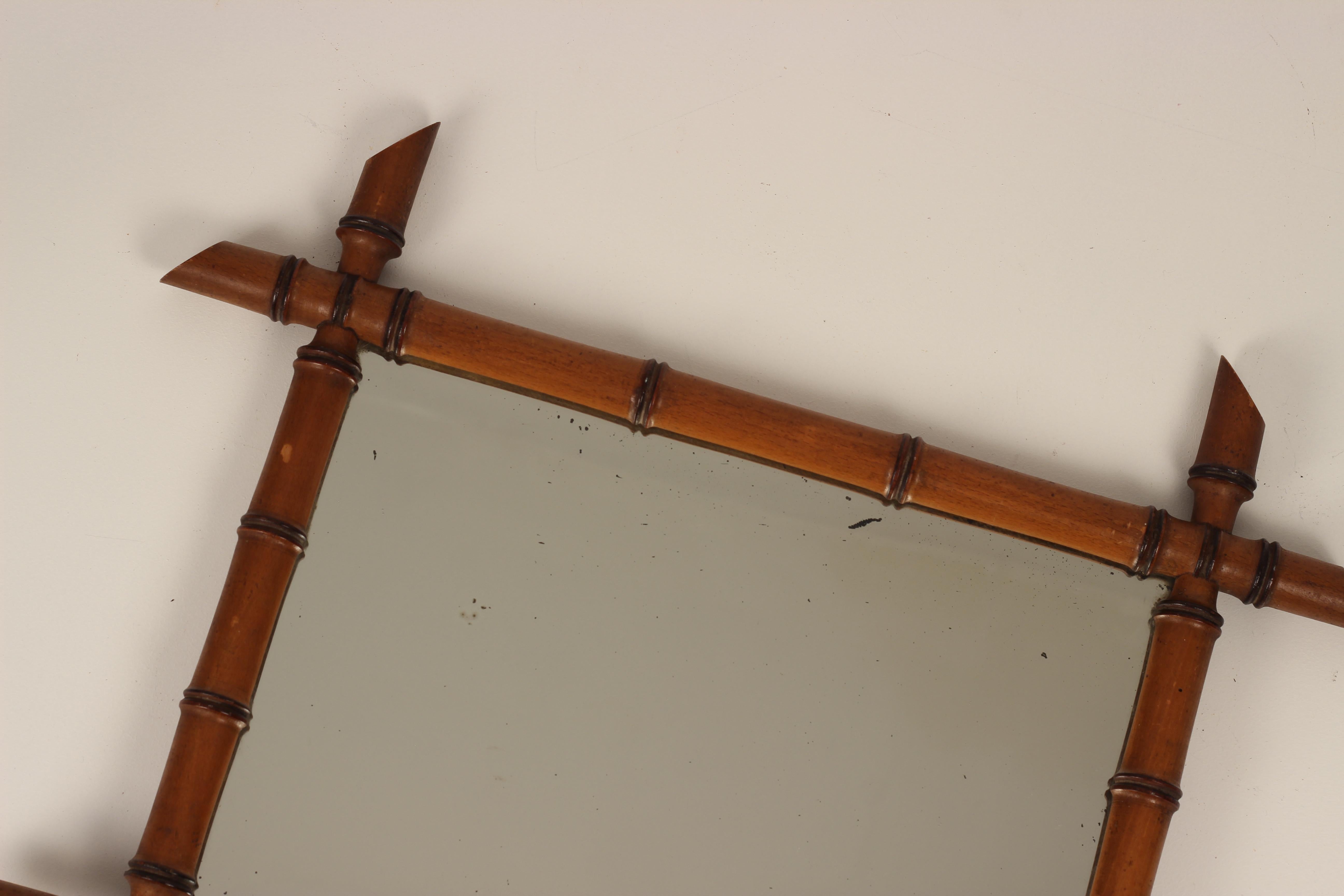 Chinoiserie Boho Chic Style Faux Bamboo Walnut Framed Mirror Made in France in mid 1800’s For Sale
