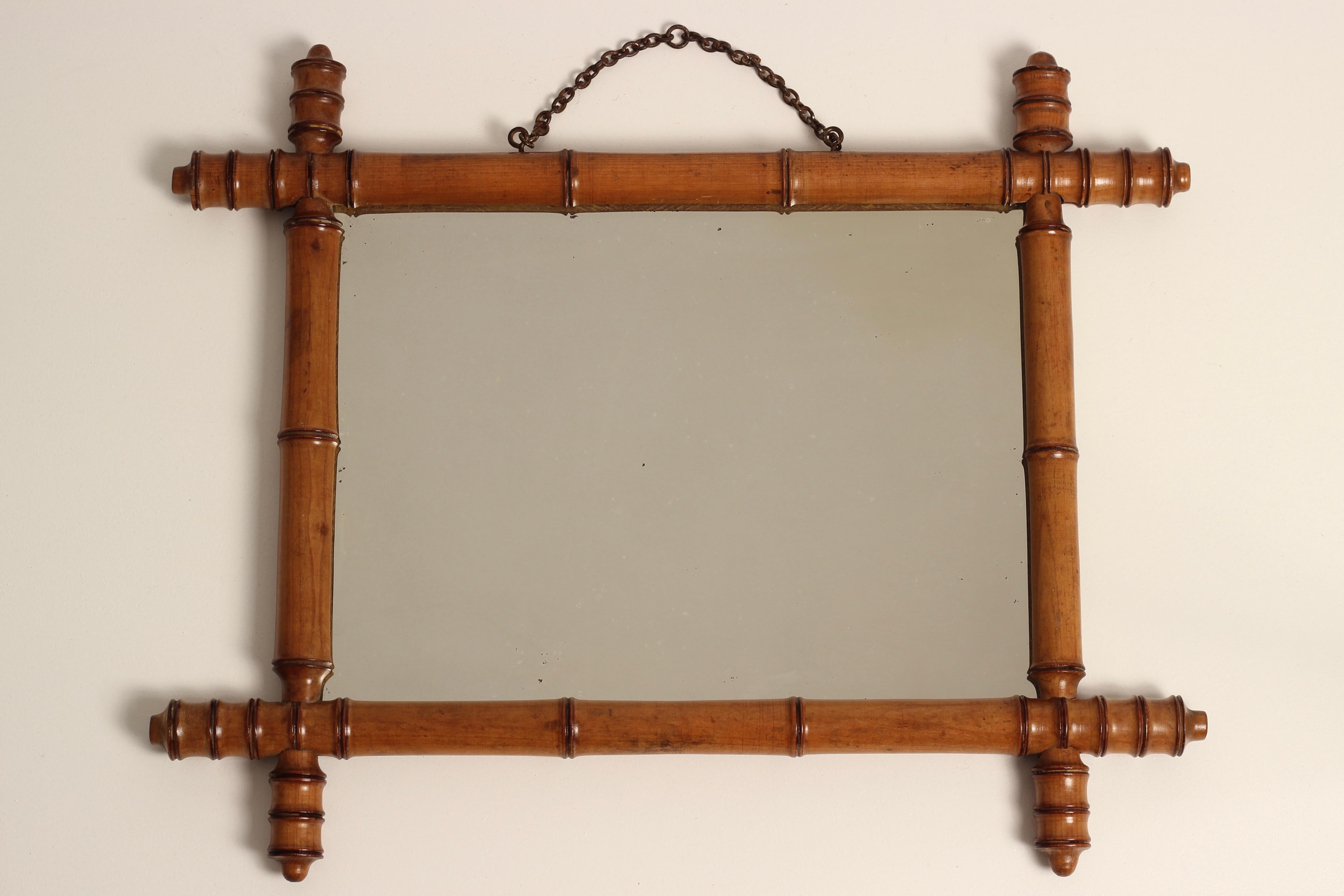 Faux Bamboo Walnut Framed Mirror Made in England 1800’s in Boho Chic Style For Sale 2