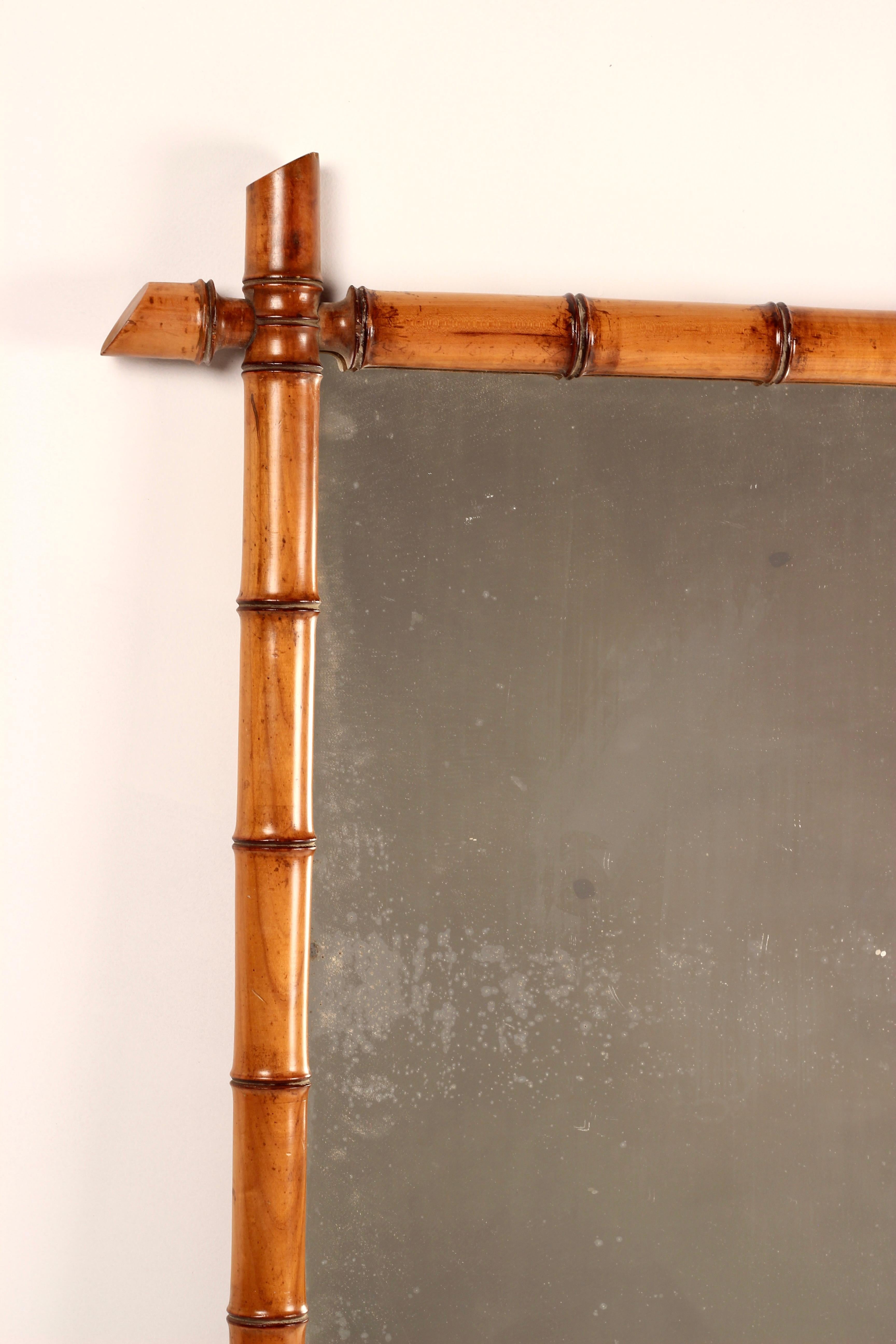 French Faux Bamboo Walnut large Framed Mirror, France mid 1800’s For Sale