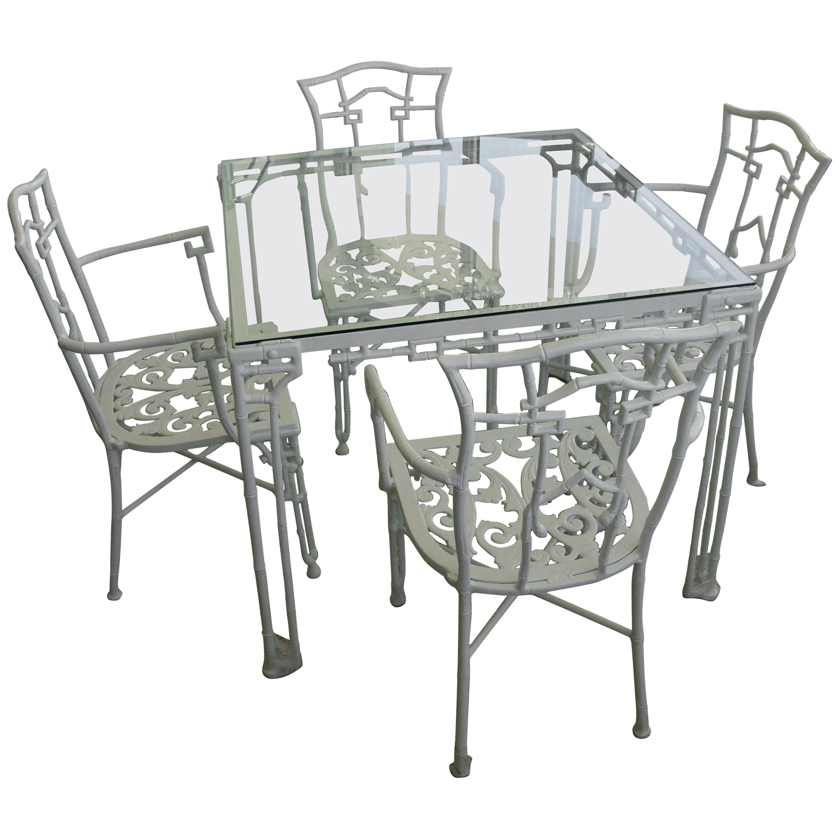 Faux Bamboo, White, Five-Piece Patio Table and Chairs