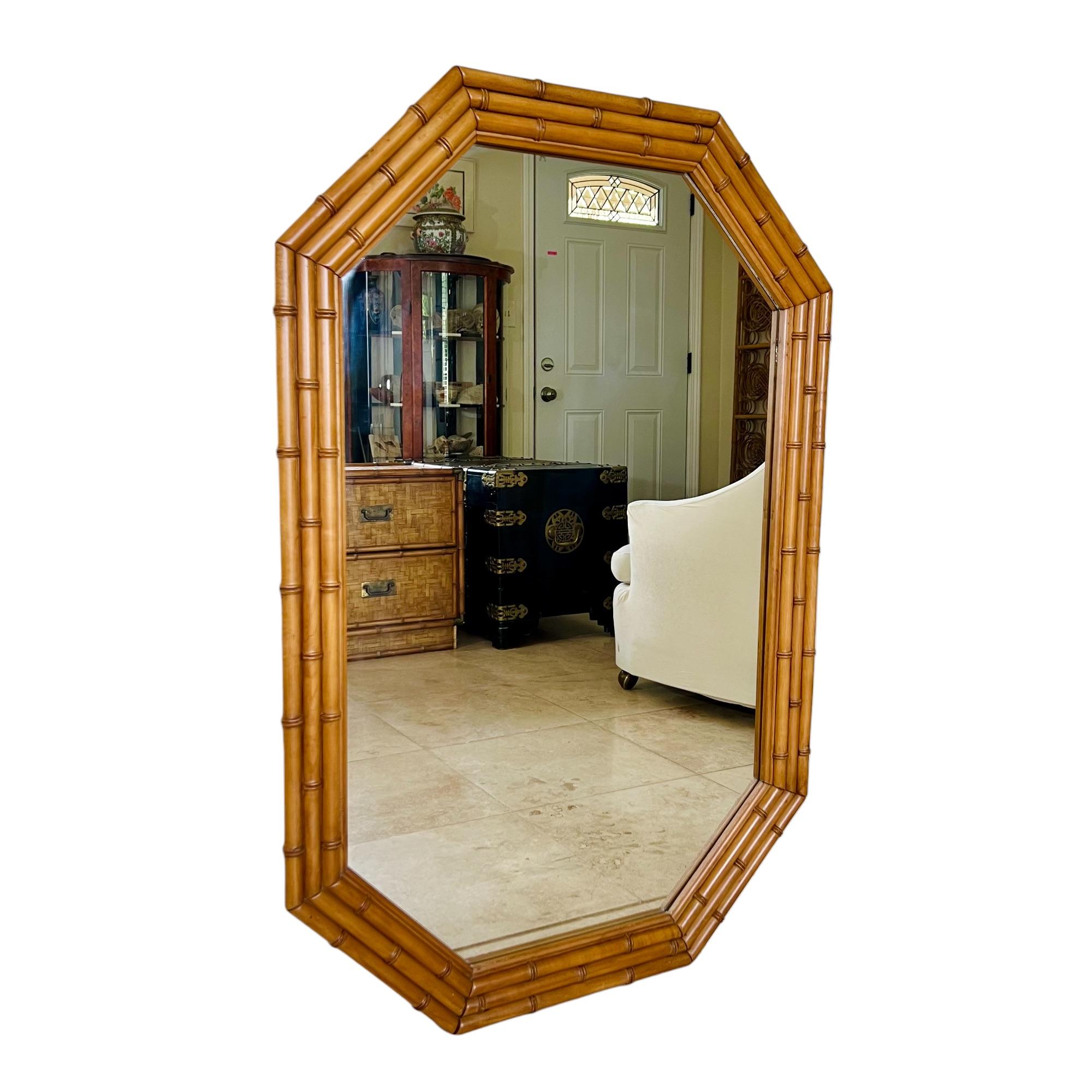 Mid-Century Modern Faux Bamboo Wood Elongated Octagonal Mirror, 1960s