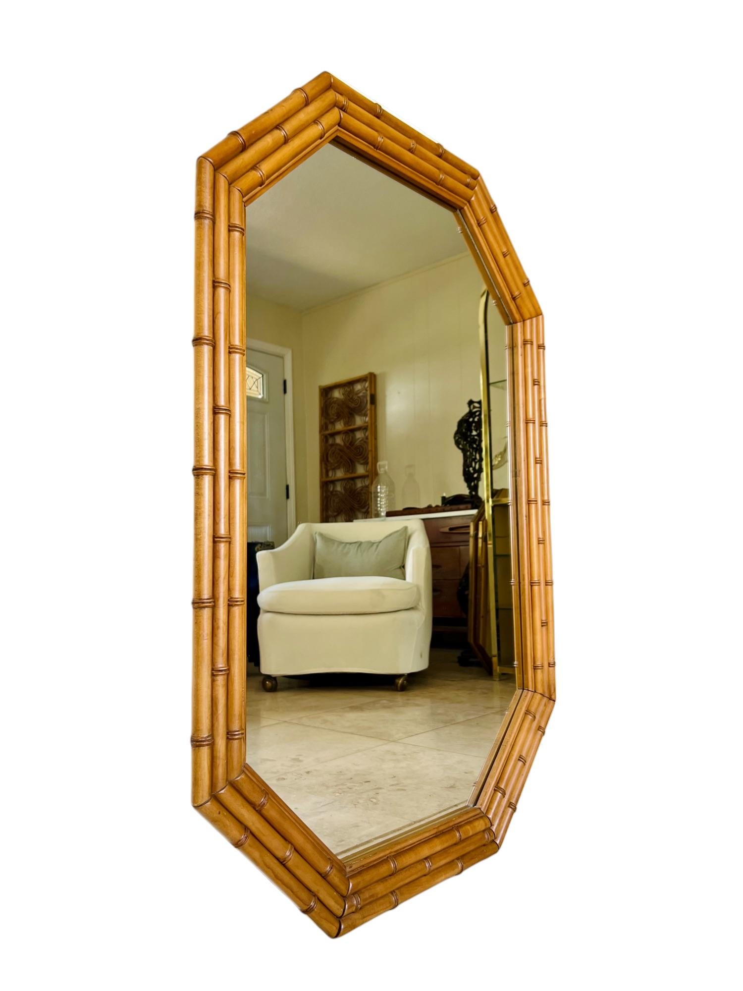American Faux Bamboo Wood Elongated Octagonal Mirror, 1960s