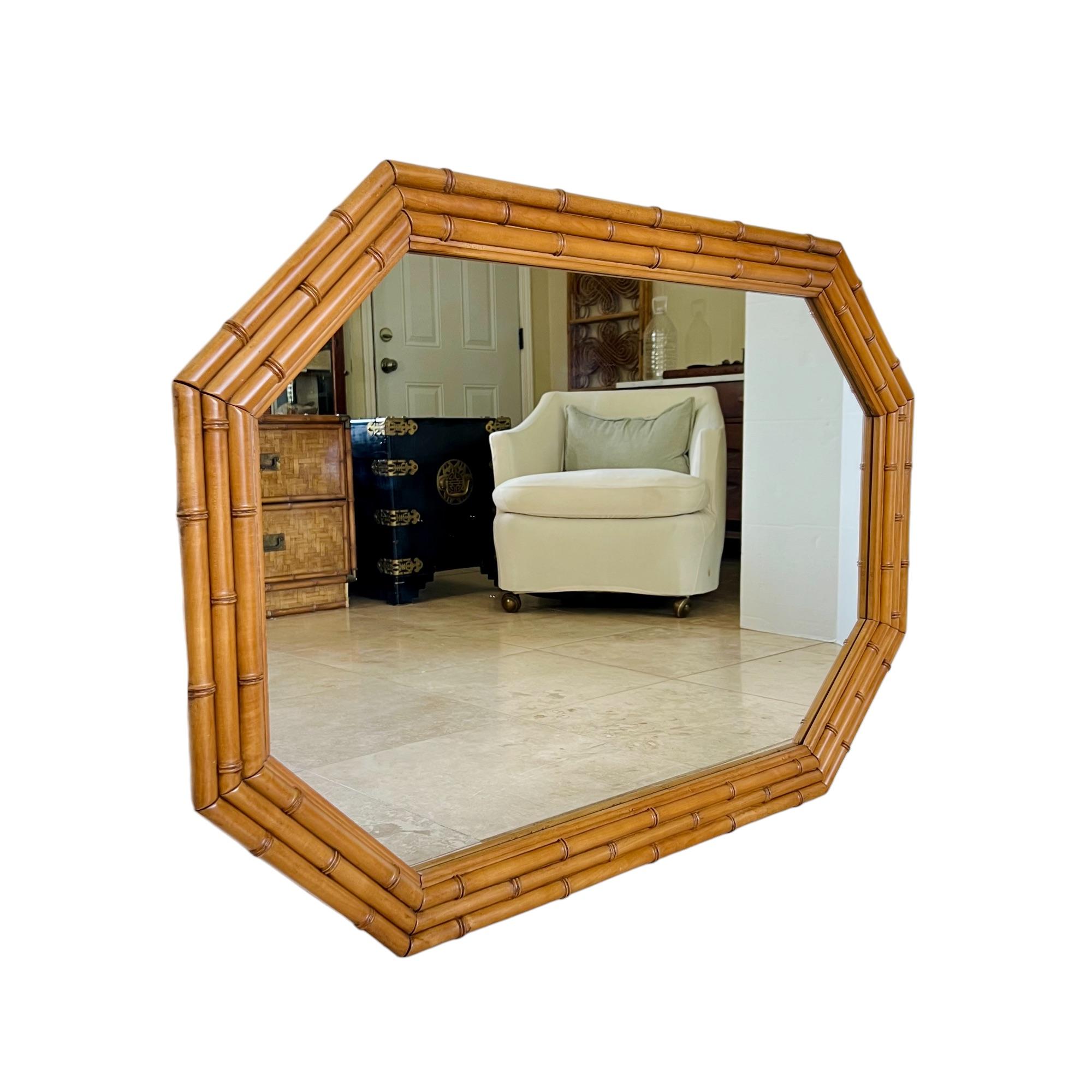 Faux Bamboo Wood Elongated Octagonal Mirror, 1960s In Good Condition In Harlingen, TX