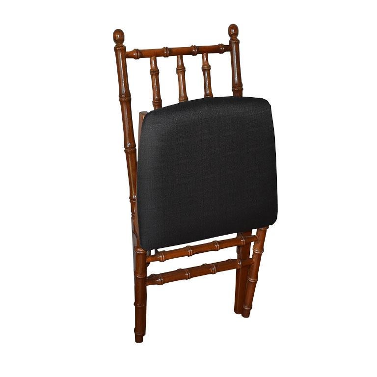 American Faux Bamboo Wood Folding Chairs with Black Upholstered Seats, a Pair