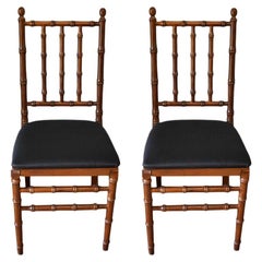 Faux Bamboo Wood Folding Chairs with Black Upholstered Seats, a Pair
