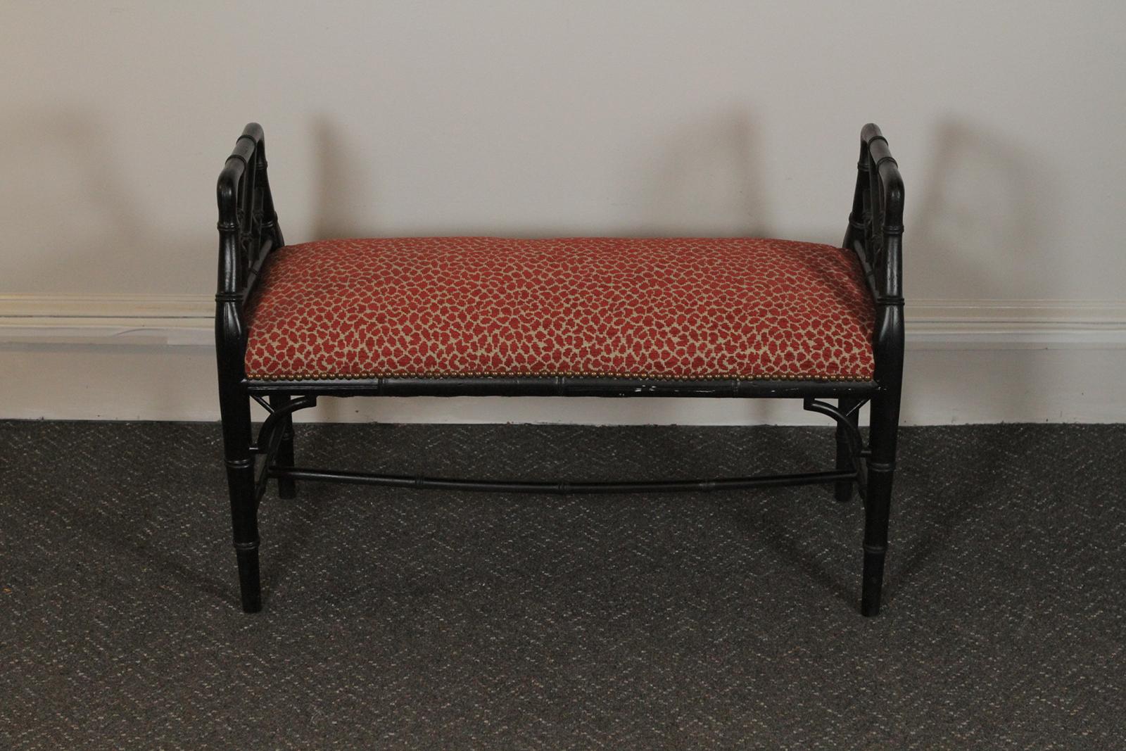 Faux bamboo wood upholstered bench.
Dimensions: 36” W x 15” D x 25” H x 18” seat.