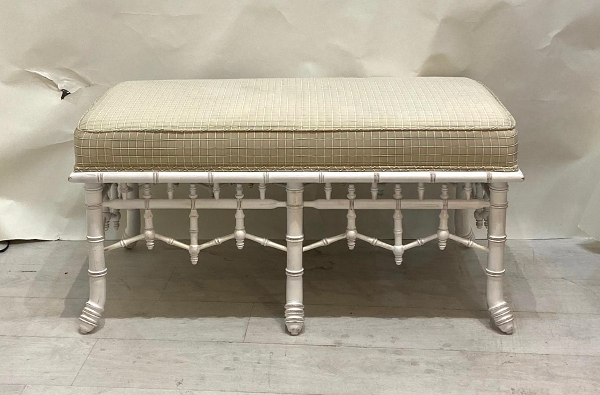 20th Century Faux Bamboo Wooden Bench with Upholstered Top