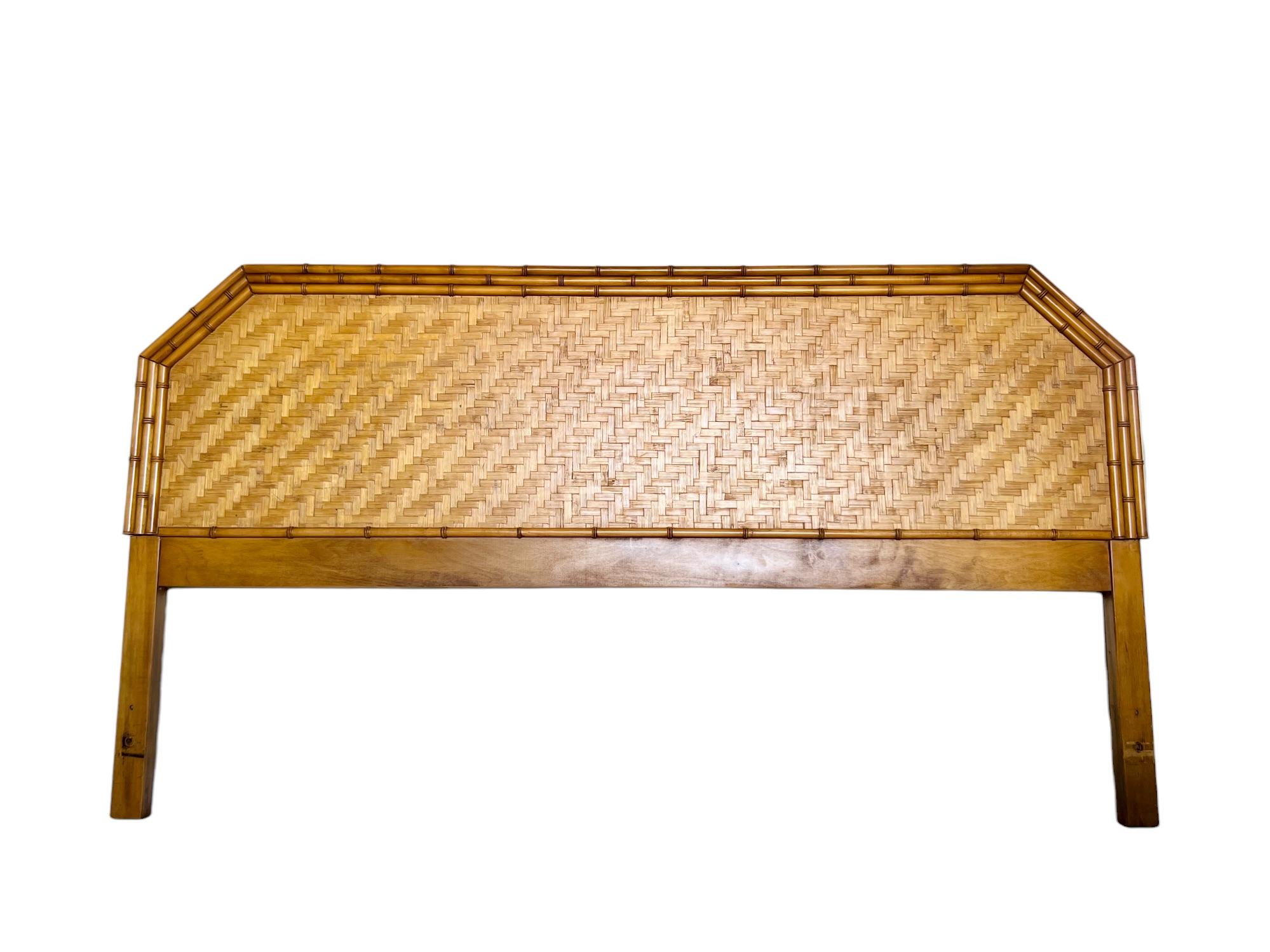 Mid-Century Modern Faux Bamboo Woven Rattan Wood King Headboard, 1960s