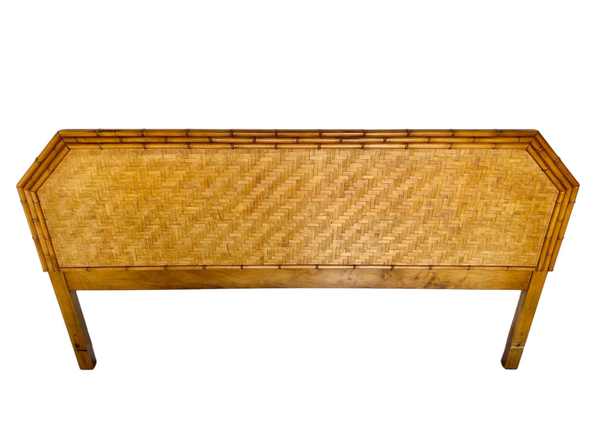 Faux Bamboo Woven Rattan Wood King Headboard, 1960s In Good Condition In Harlingen, TX