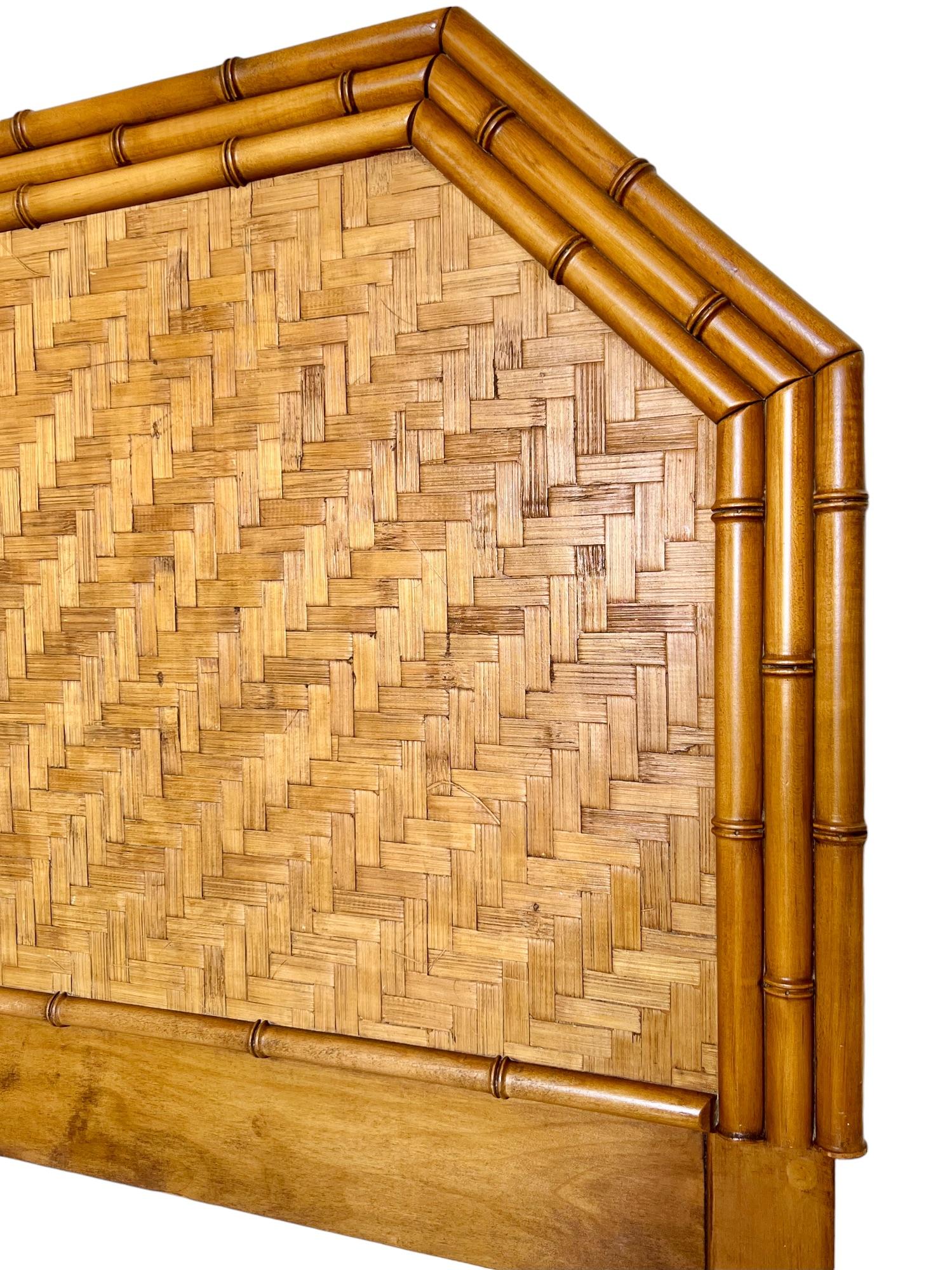 20th Century Faux Bamboo Woven Rattan Wood King Headboard, 1960s