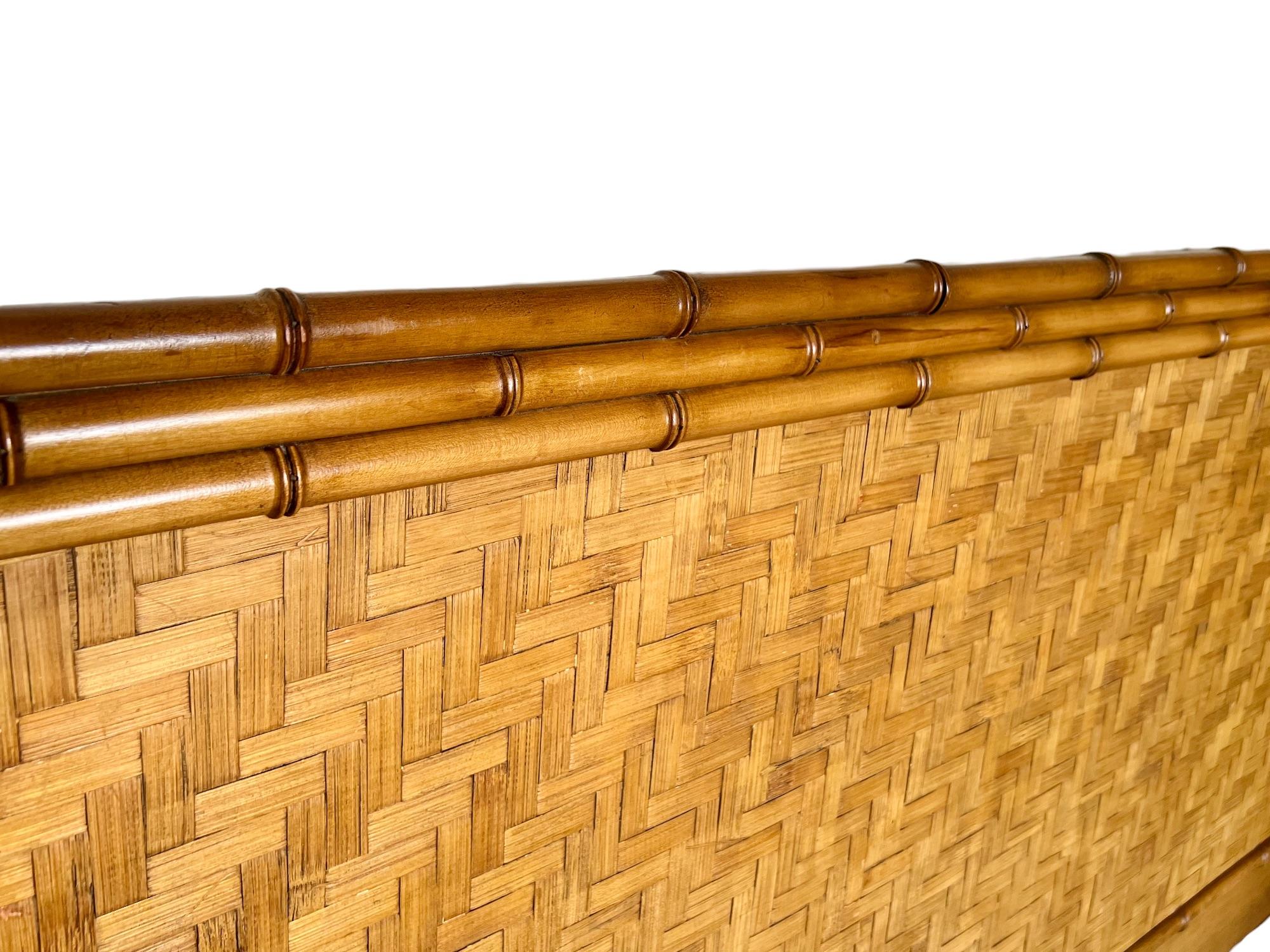 Faux Bamboo Woven Rattan Wood King Headboard, 1960s 1