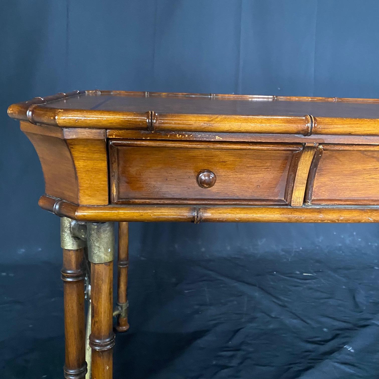 Late 20th Century Faux Bamboo Writing Desk with Metal Side Accents