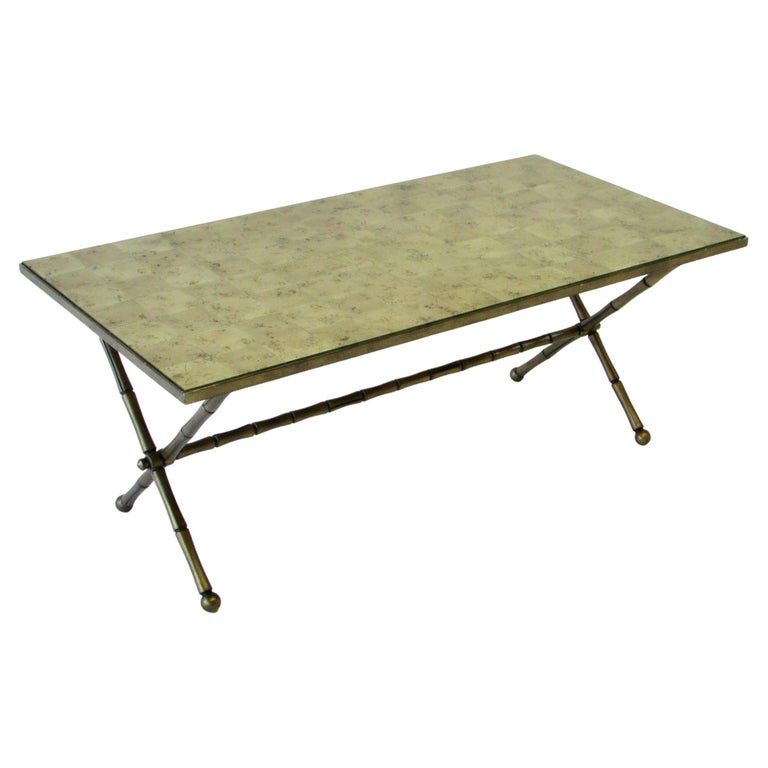 Faux Bamboo X Base Cocktail Table with Reverse Painted Gold Leaf Glass