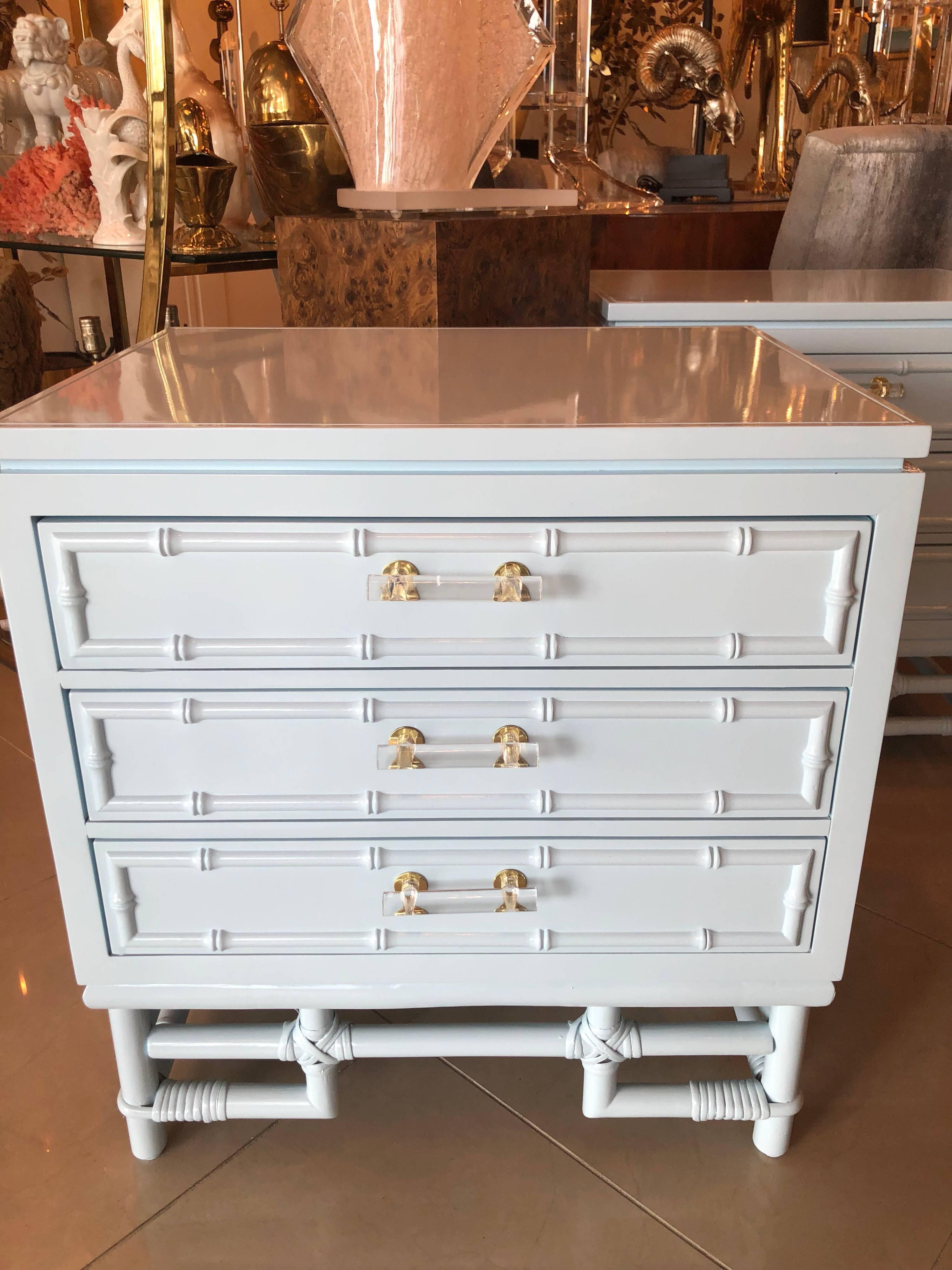 Hollywood Regency Faux Bamboo, Rattan Lucite & Brass Nightstands Chest Pair Lacquered Powder Blue
