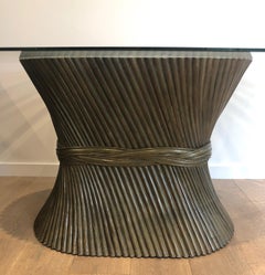 Esstisch aus lackiertem Holz mit abgeschrägter ovaler Glasplatte aus Kunstbambus, Französisch