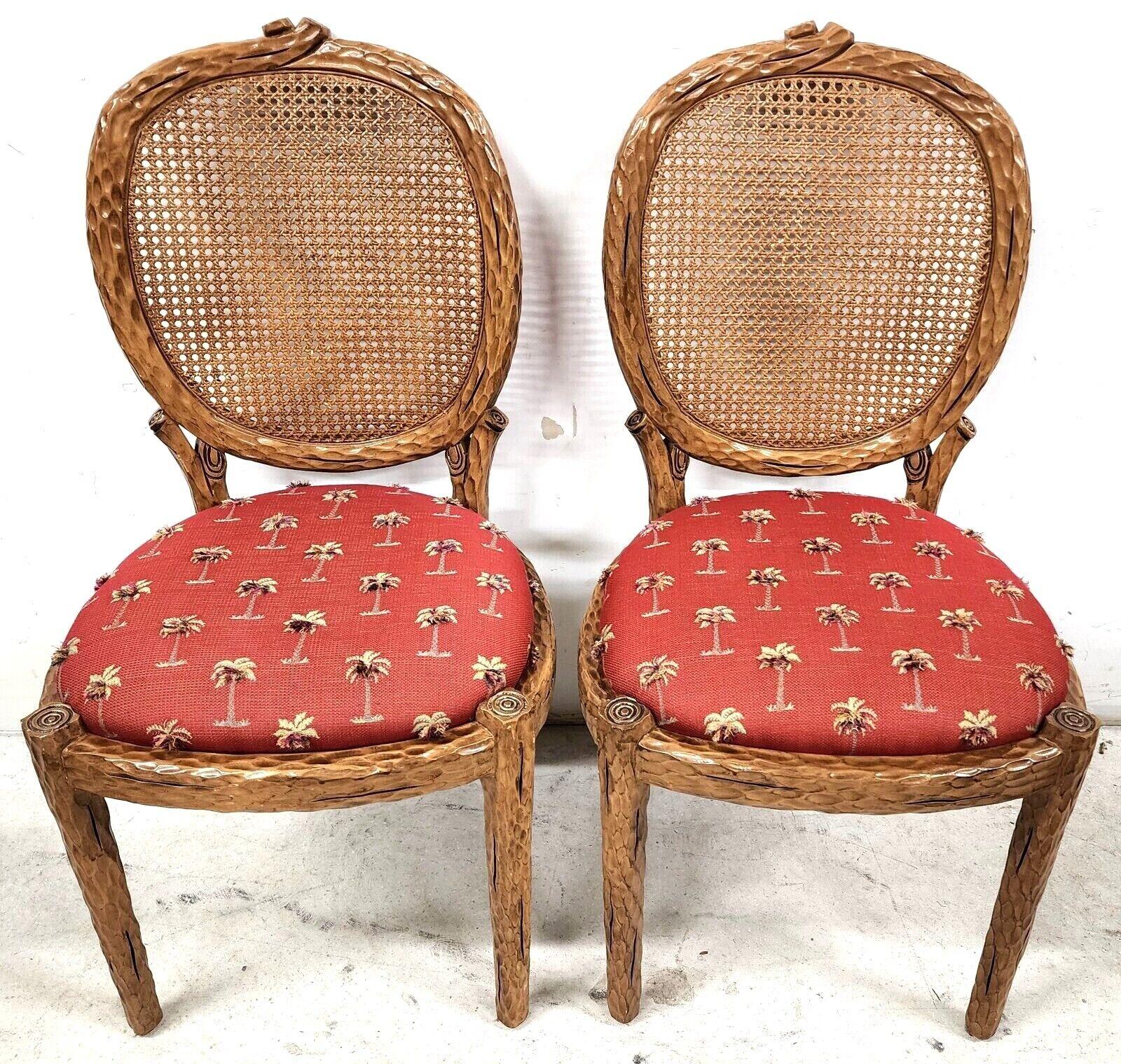 Faux Bois Branch Cane Back Dining Chairs with 3D Tropical Fabric, Set of 6 In Good Condition In Lake Worth, FL