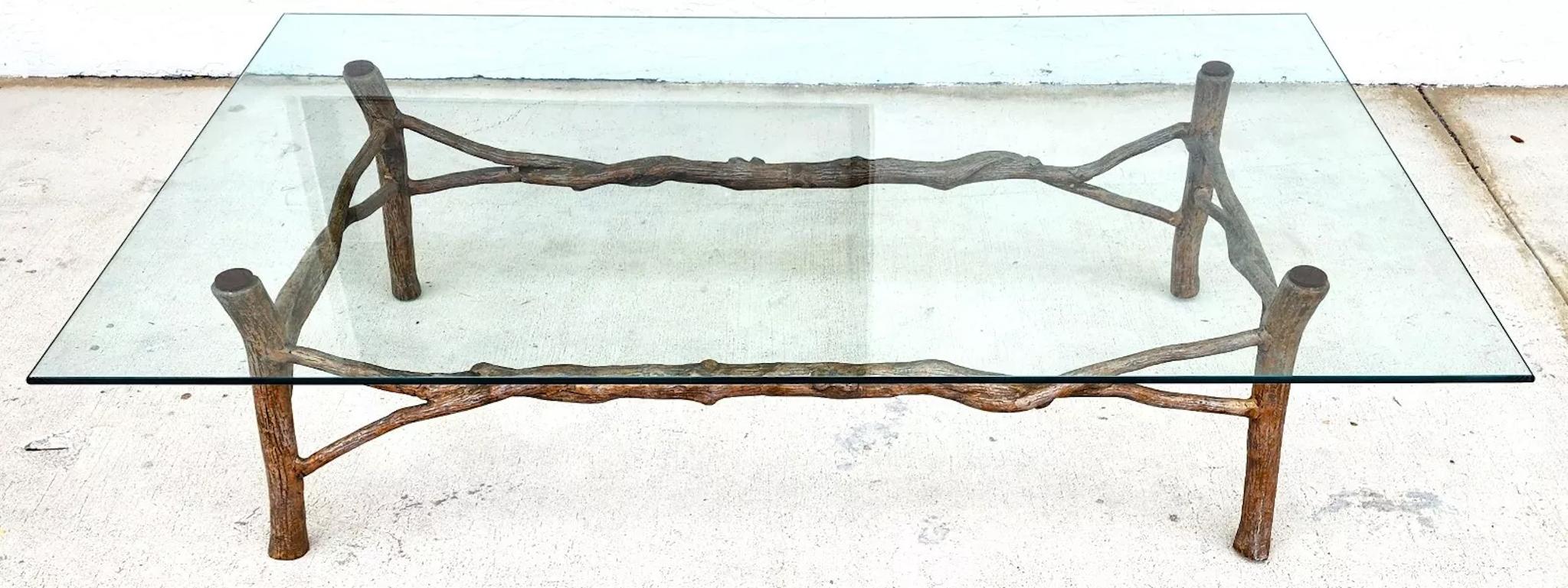Rustic Faux Bois Branch Coffee Table Metal & Glass For Sale