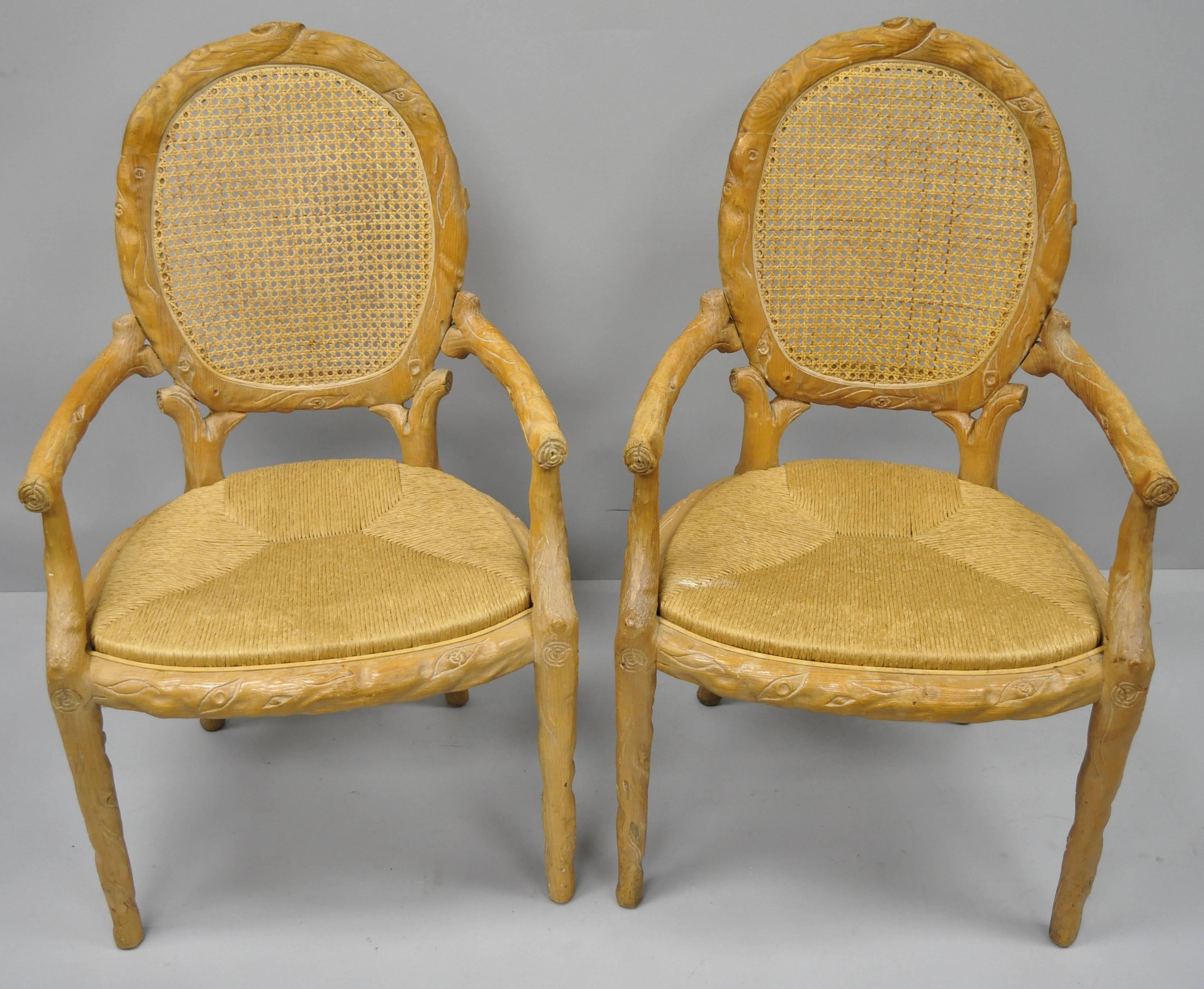 Faux Bois Branch Form Cane Back Rush Seat Carved Wood Twig Armchairs a Pair 4