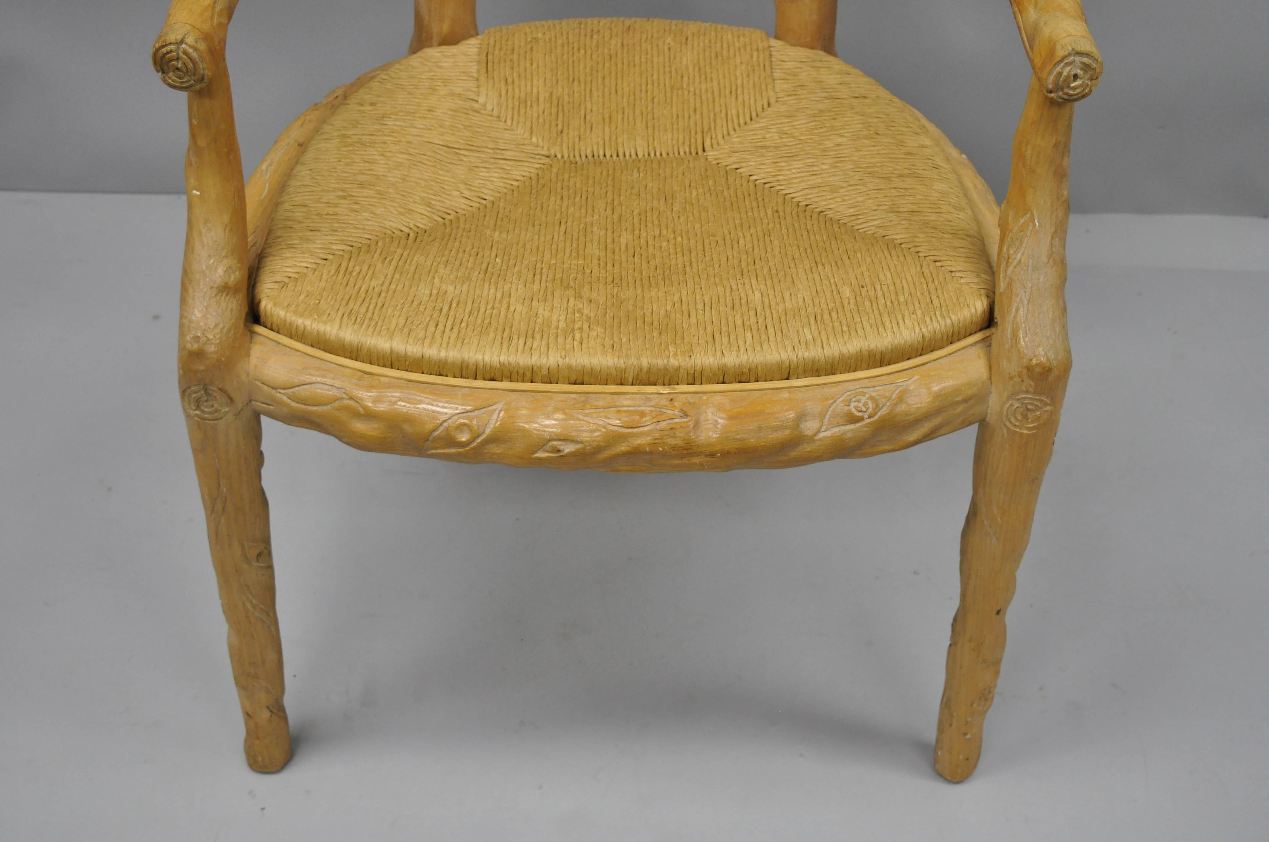 Late 20th Century Faux Bois Branch Form Cane Back Rush Seat Carved Wood Twig Armchairs a Pair