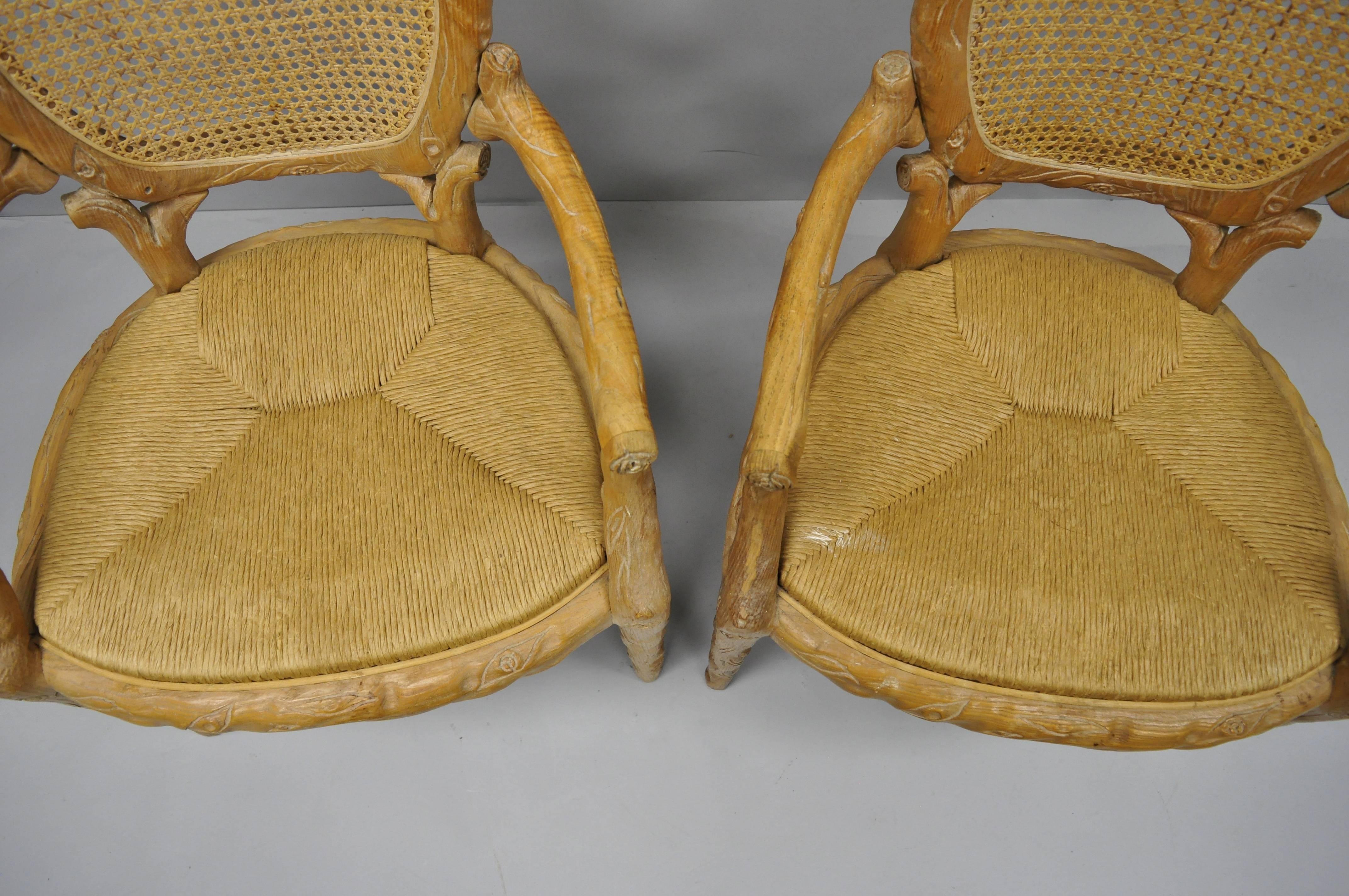 Faux Bois Branch Form Cane Back Rush Seat Carved Wood Twig Armchairs a Pair 2
