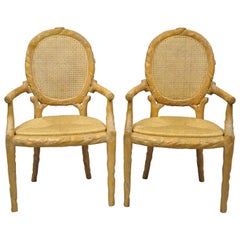 Faux Bois Branch Form Cane Back Rush Seat Carved Wood Twig Armchairs a Pair