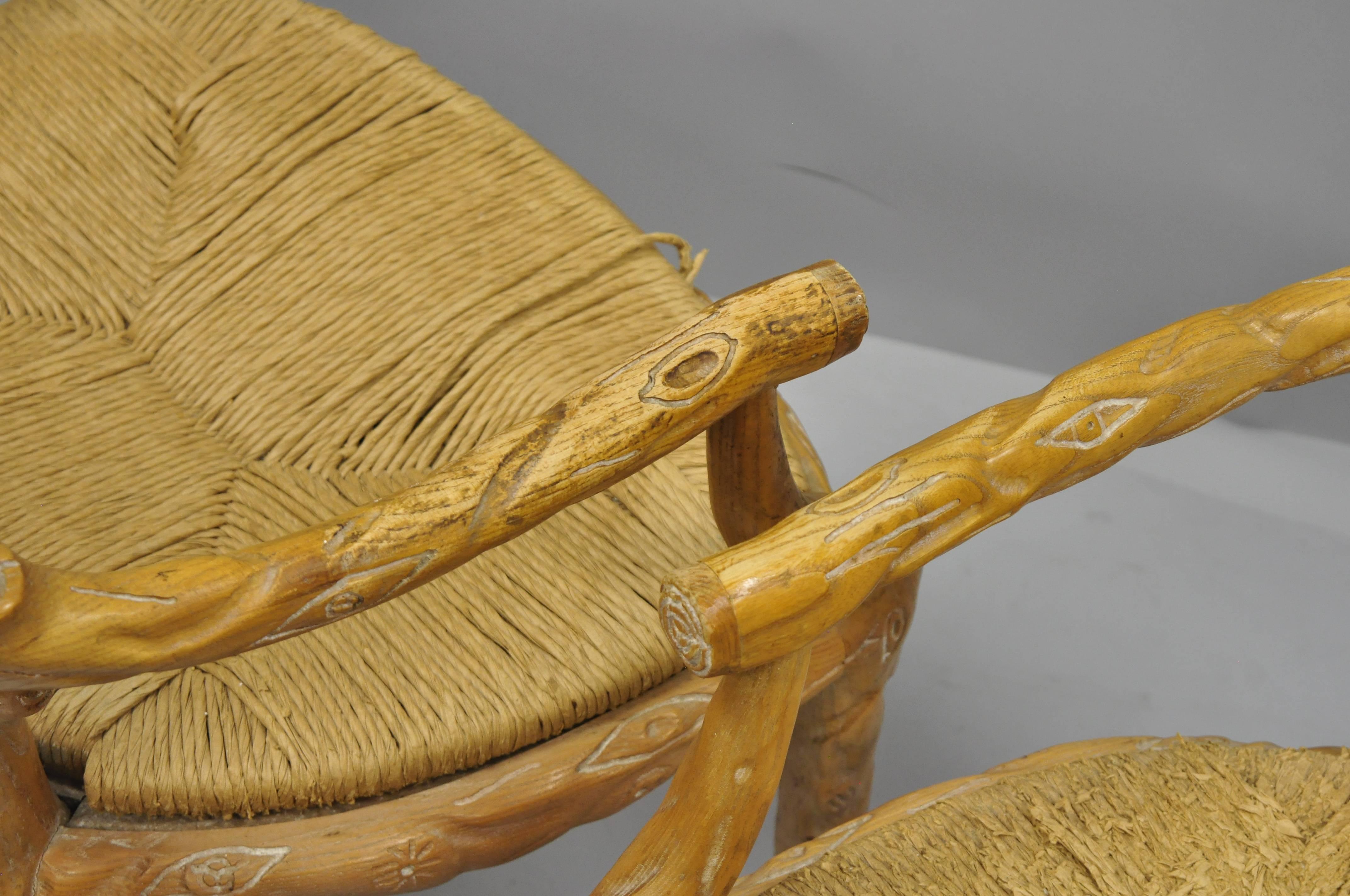 Ensemble de chaises de salle à manger en faux bois en forme de branche avec dossier en rotin et assise en jonc en bois sculpté 4