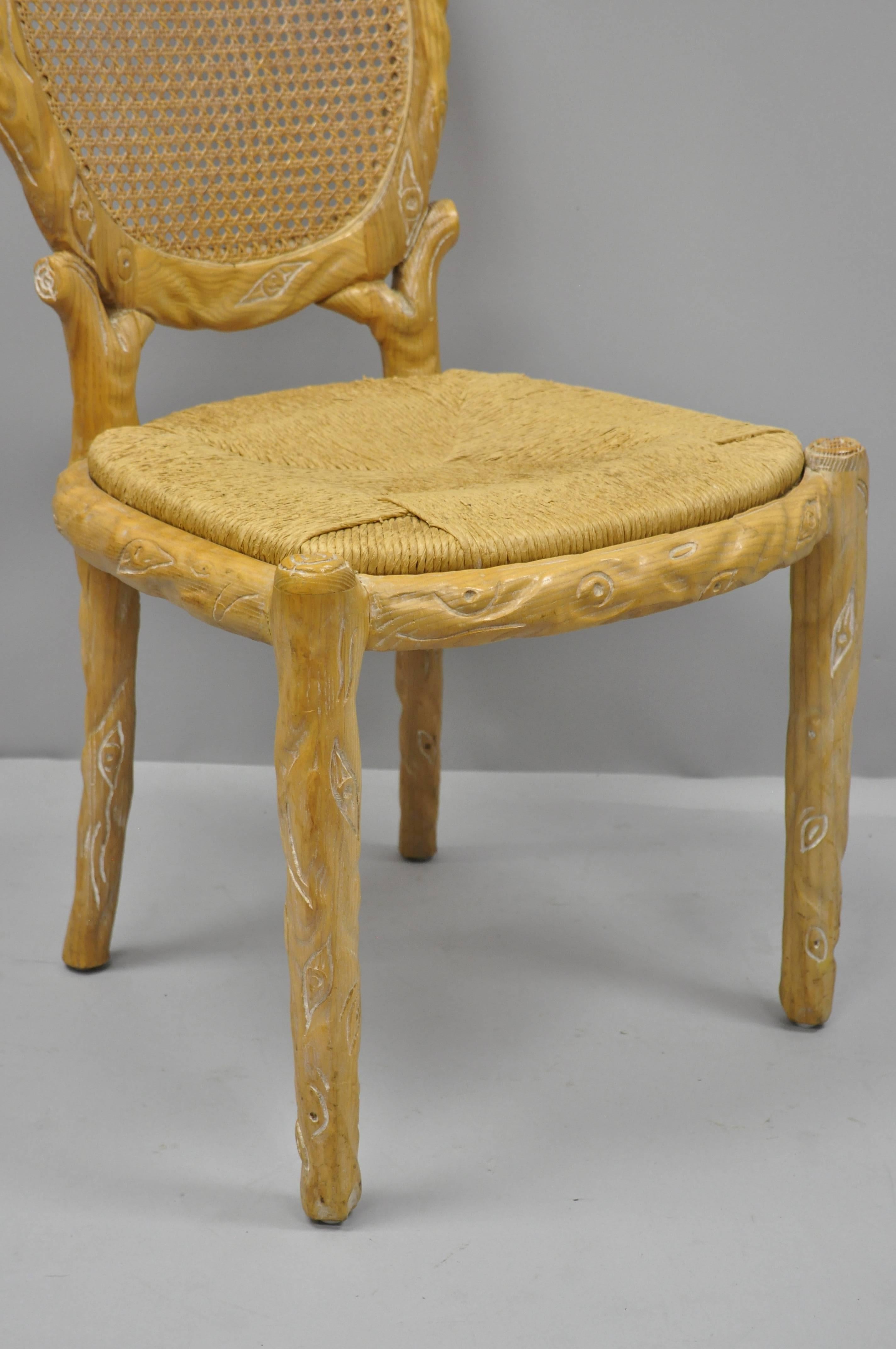 American Faux Bois Branch Form Cane Back Rush Seat Carved Wood Twig Dining Chair Set For Sale
