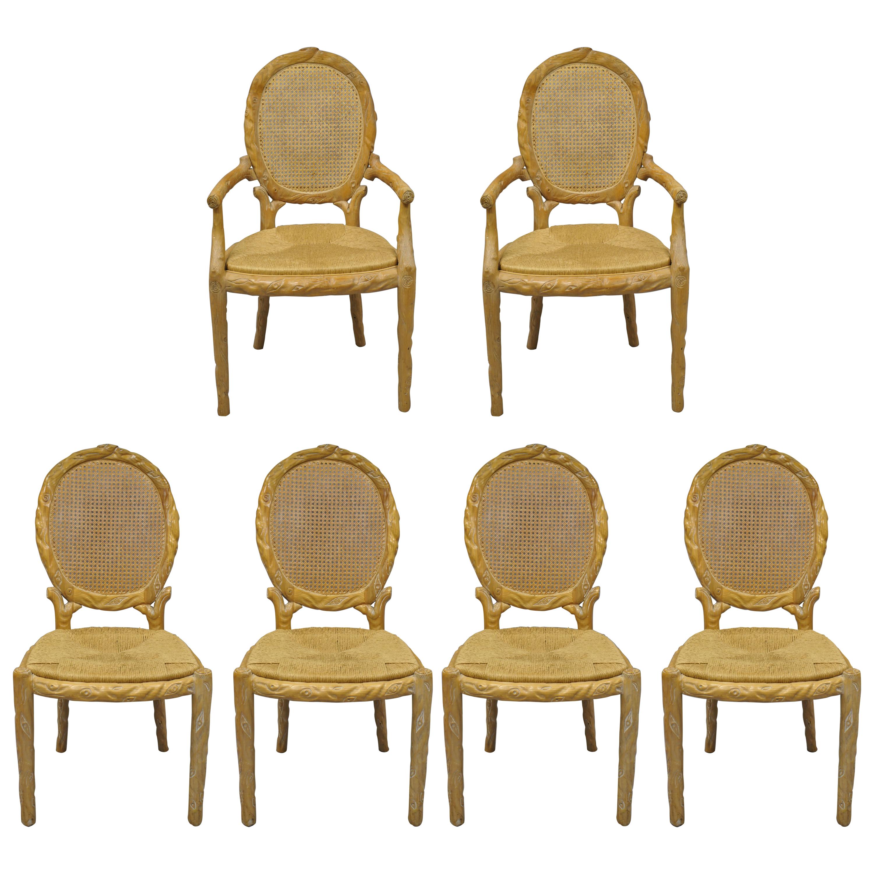 Ensemble de chaises de salle à manger en faux bois en forme de branche avec dossier en rotin et assise en jonc en bois sculpté