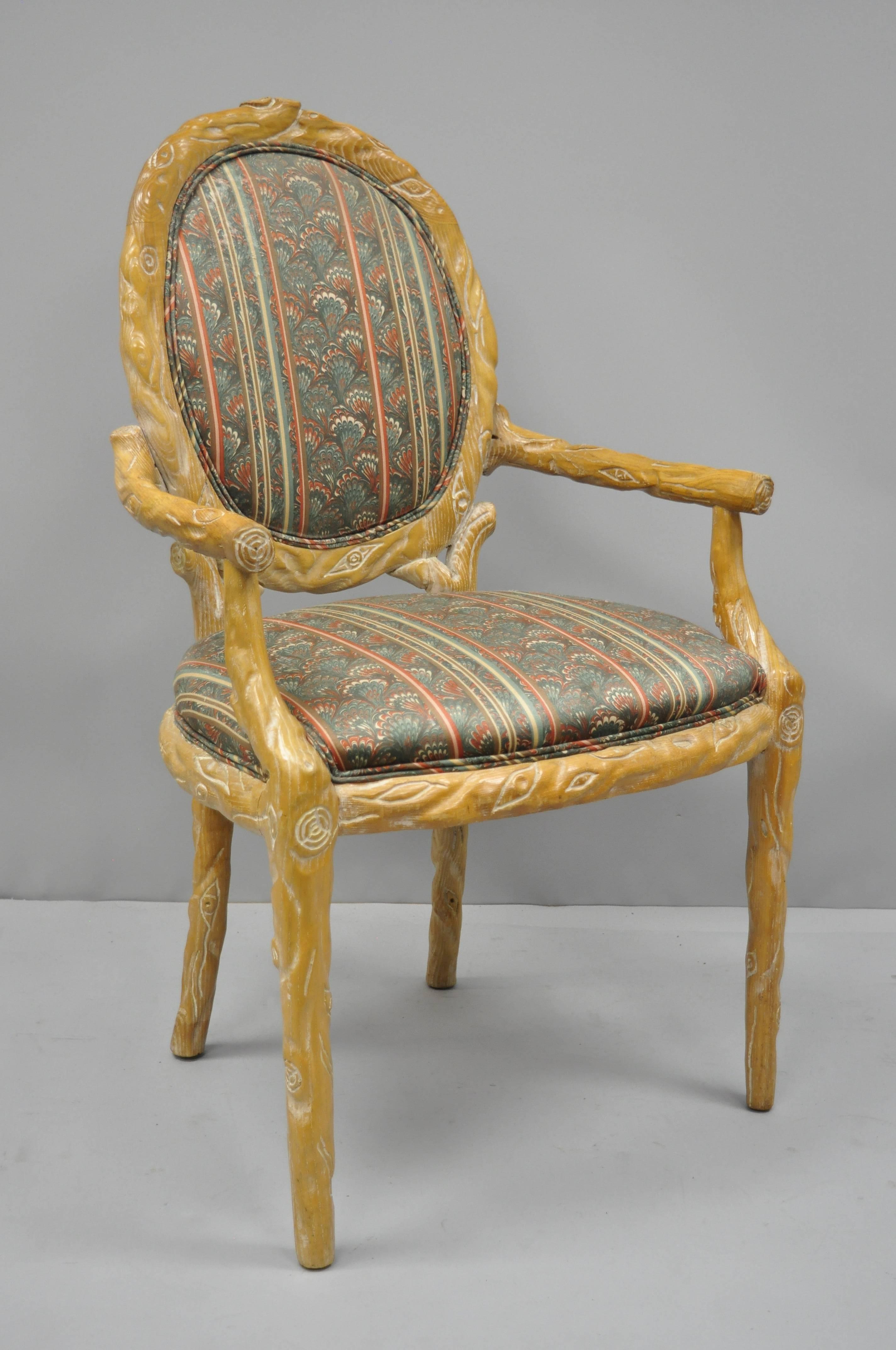 Faux bois rush seat dining side chair. Item features solid wood construction, nicely carved details, tapered legs, blue colored fabric cushion and quality American craftsmanship. Mid-late 20th century. Measurements: 39.5