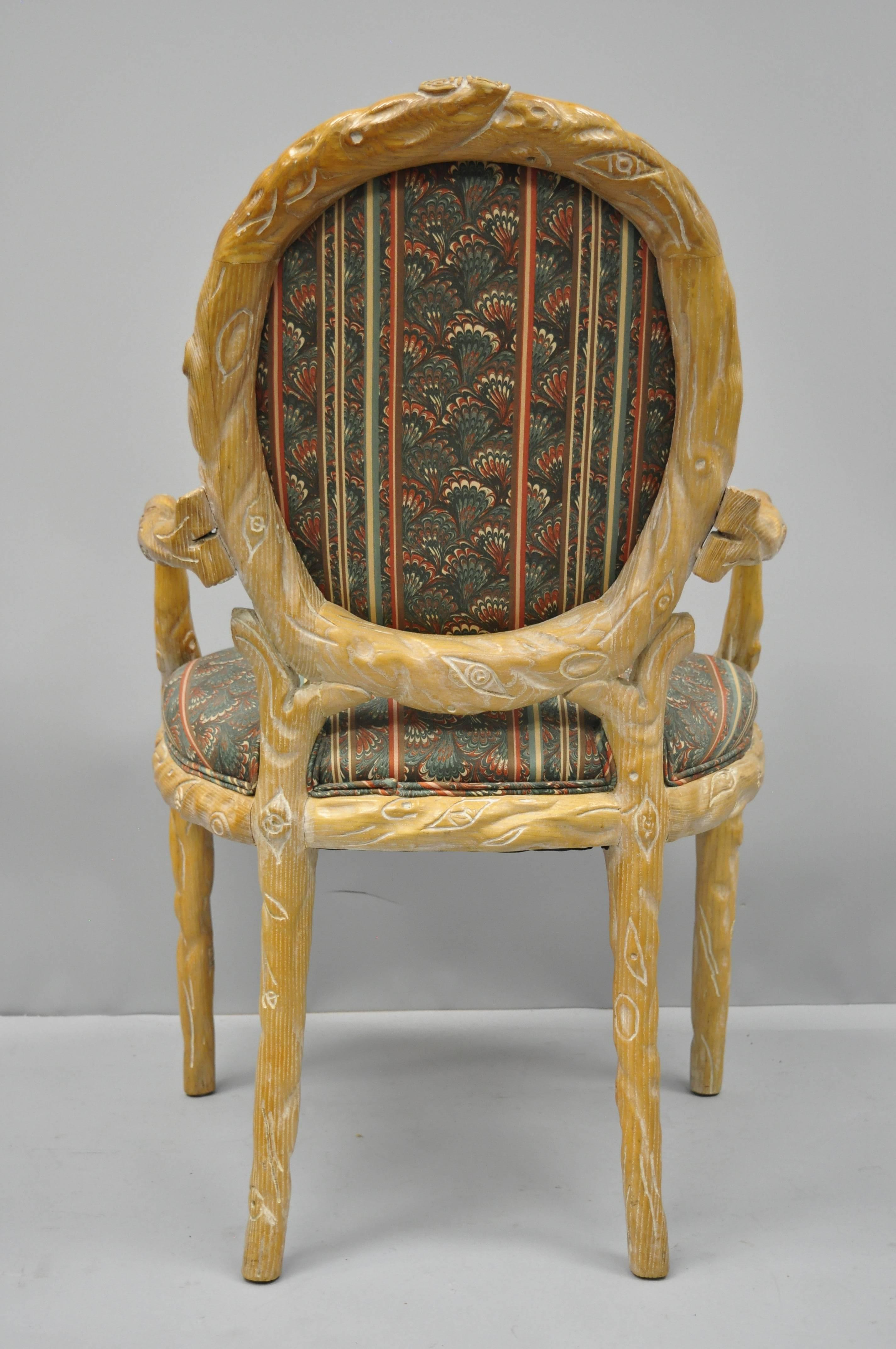 Faux Bois Branch Form Carved Wood Upholstered Back Chair Twig Dining Armchair In Good Condition In Philadelphia, PA