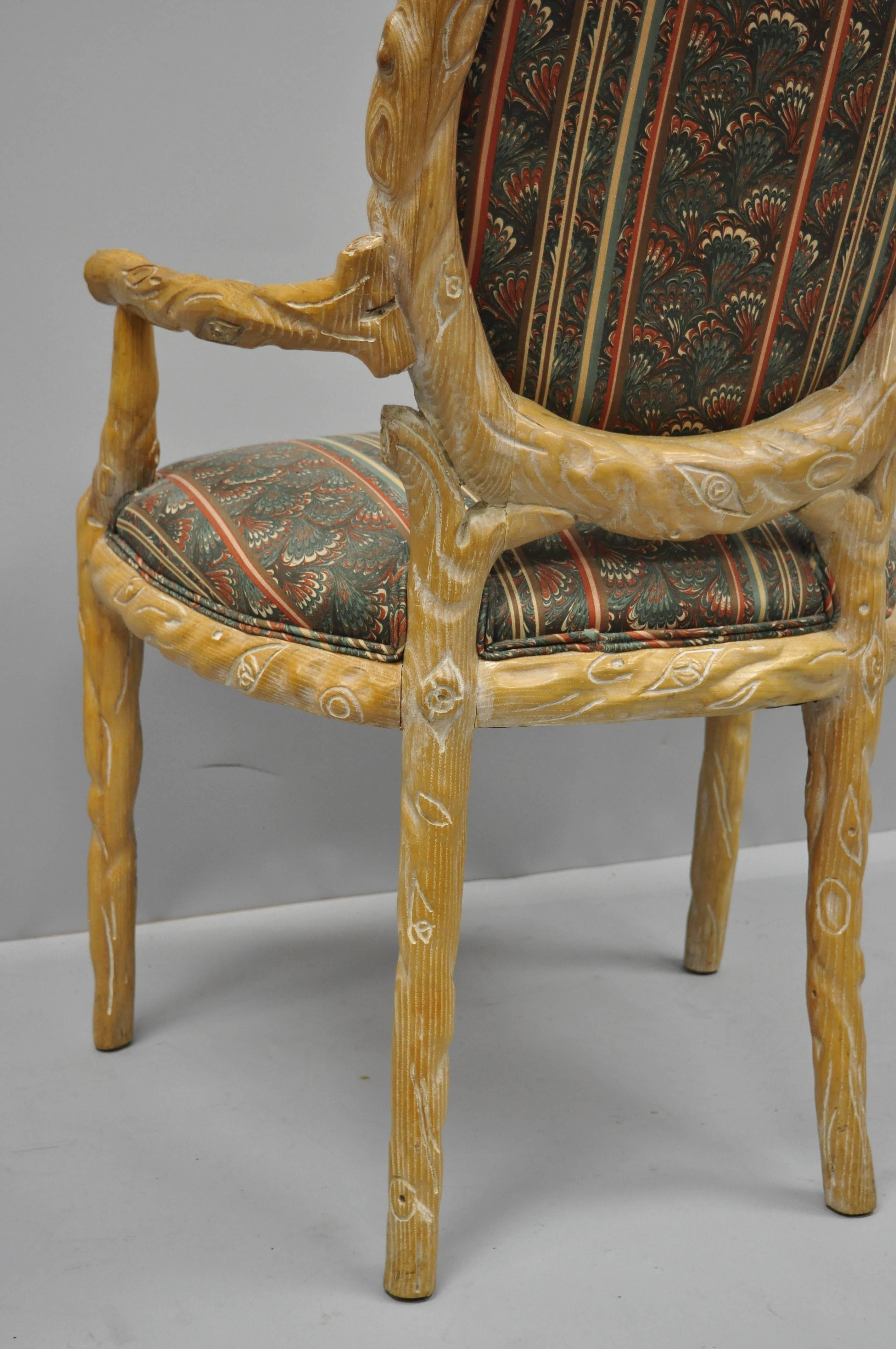 20th Century Faux Bois Branch Form Carved Wood Upholstered Back Chair Twig Dining Armchair