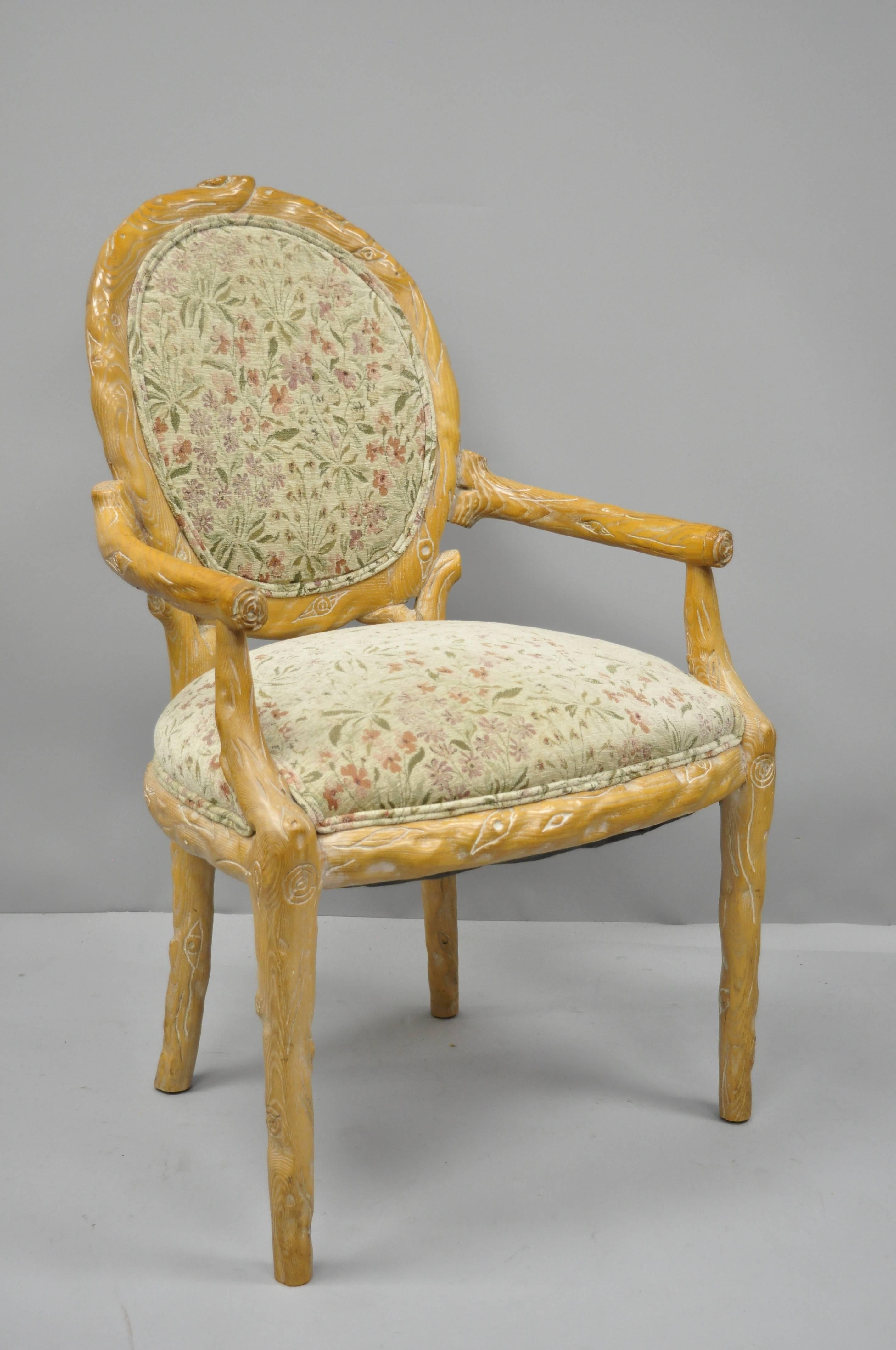 Vintage faux bois upholstered armchair. Item features heavy solid wood construction, nicely carved details, tapered legs, cream colored fabric, and quality American craftsmanship, circa mid-late 20th century. Measurements: 38