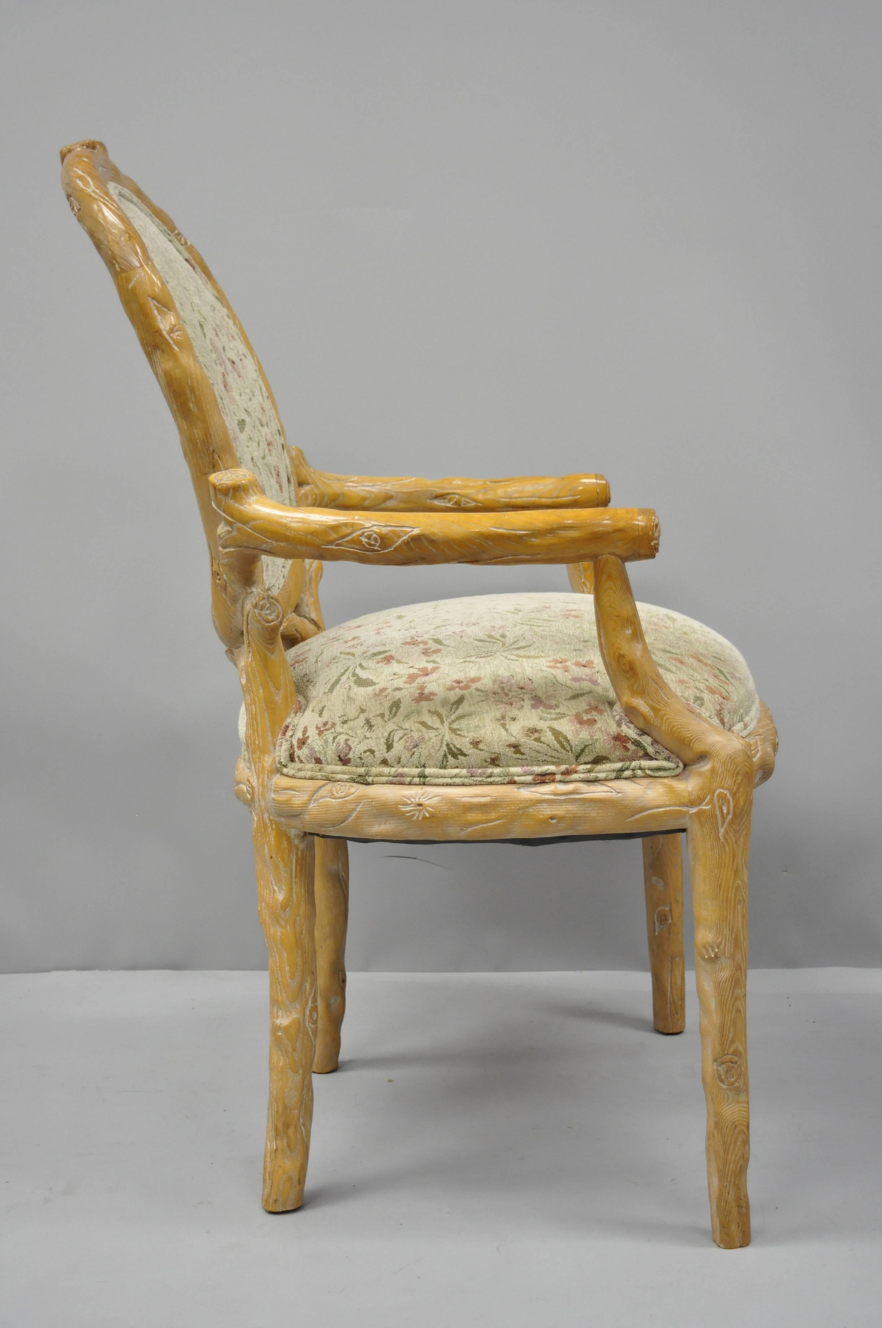Hollywood Regency Faux Bois Branch Form Carved Wood Upholstered Back Chair Twig Dining Armchair