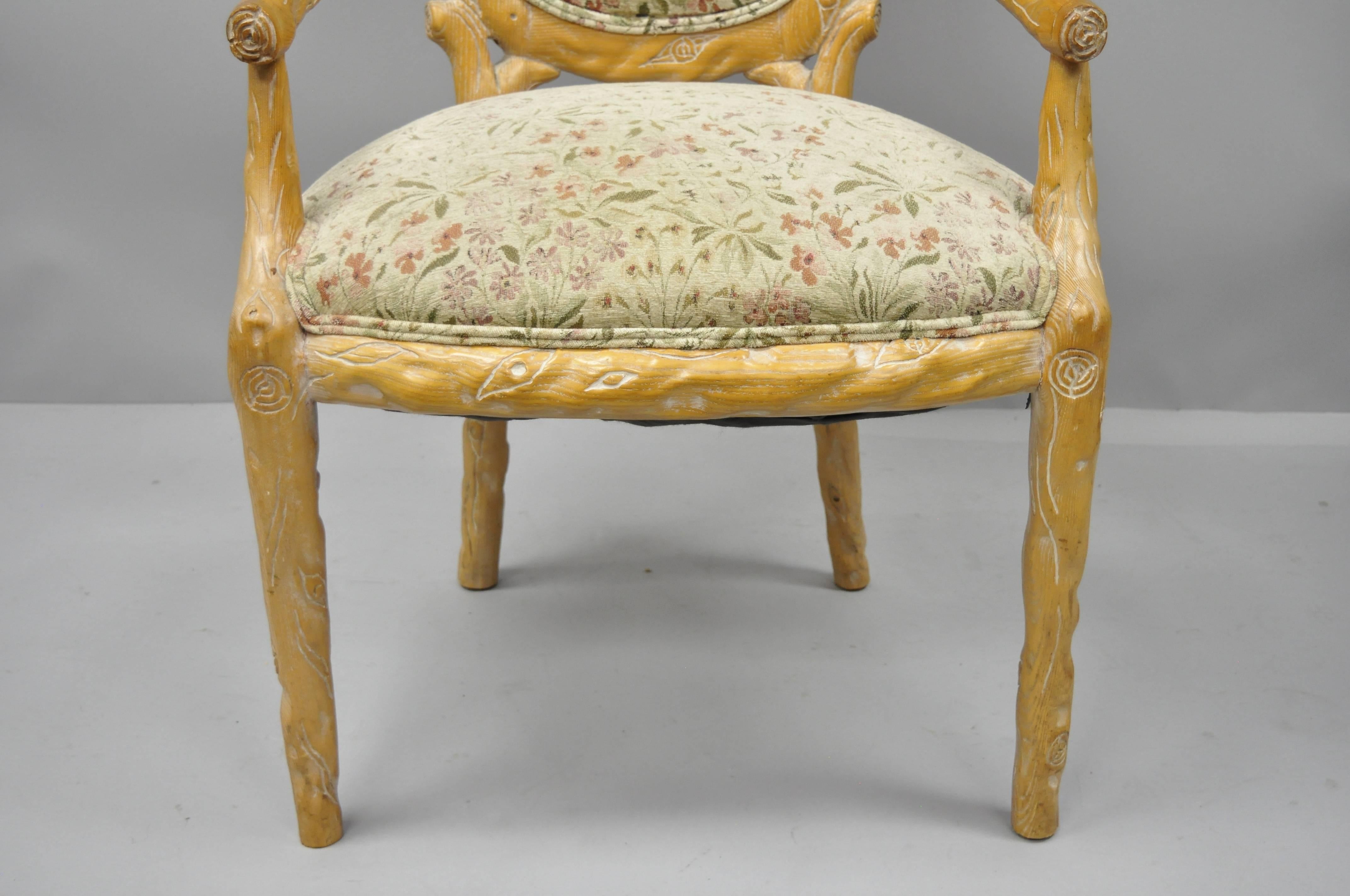 Faux Bois Branch Form Carved Wood Upholstered Back Chair Twig Dining Armchair In Good Condition In Philadelphia, PA
