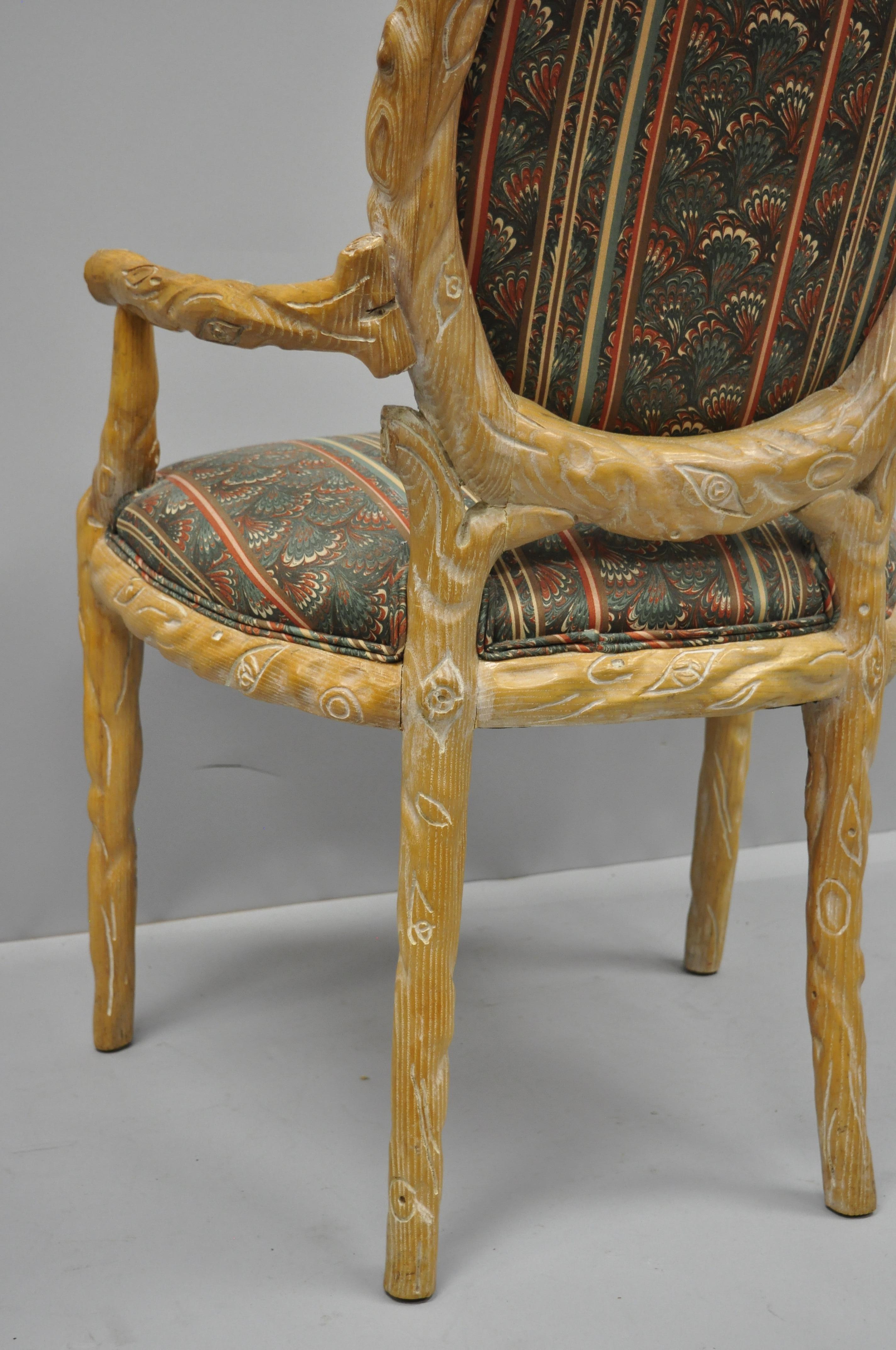 Faux Bois Branch Form Carved Wood Upholstered Back Chair Twig Dining Armchair In Good Condition In Philadelphia, PA