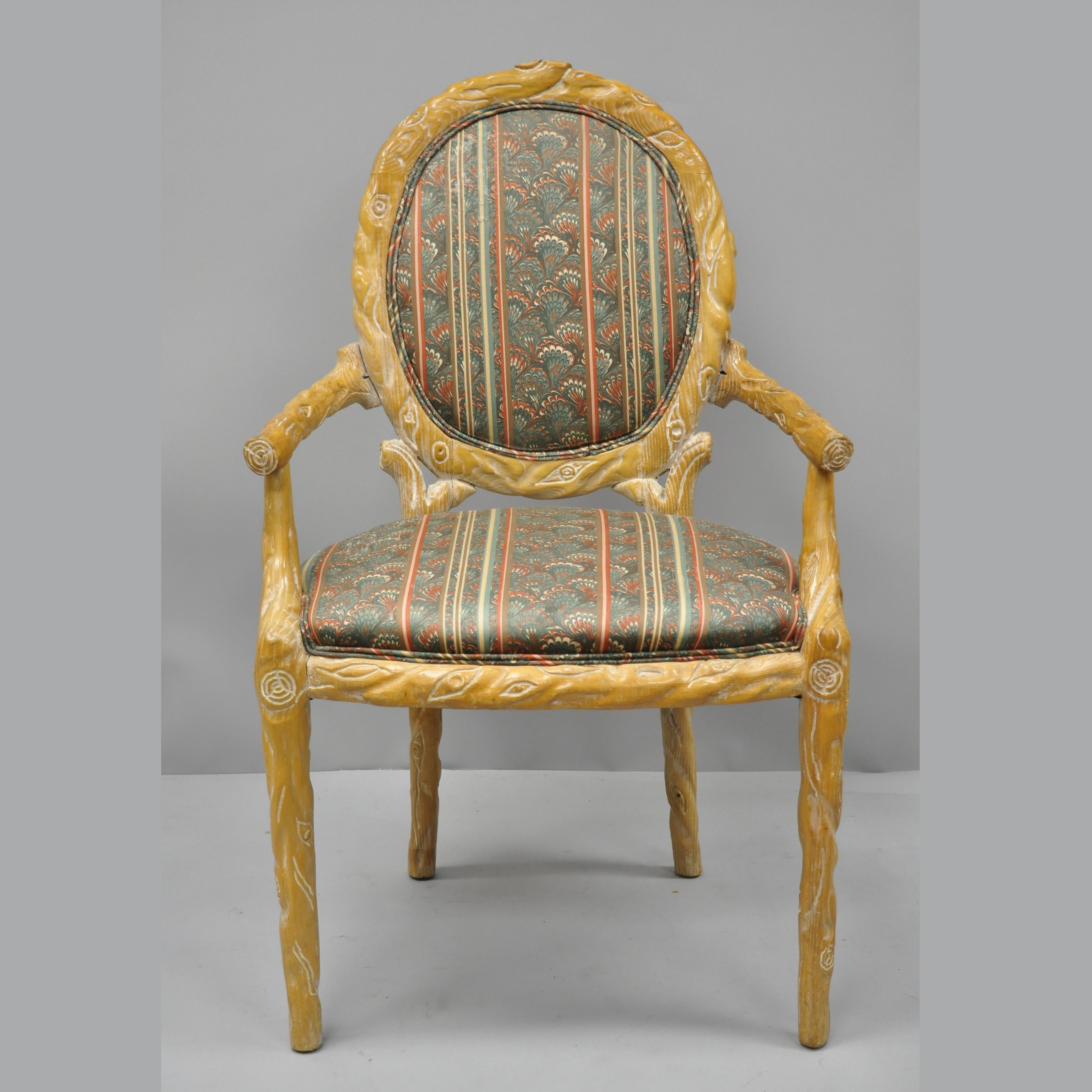20th Century Faux Bois Branch Form Carved Wood Upholstered Back Chair Twig Dining Armchair
