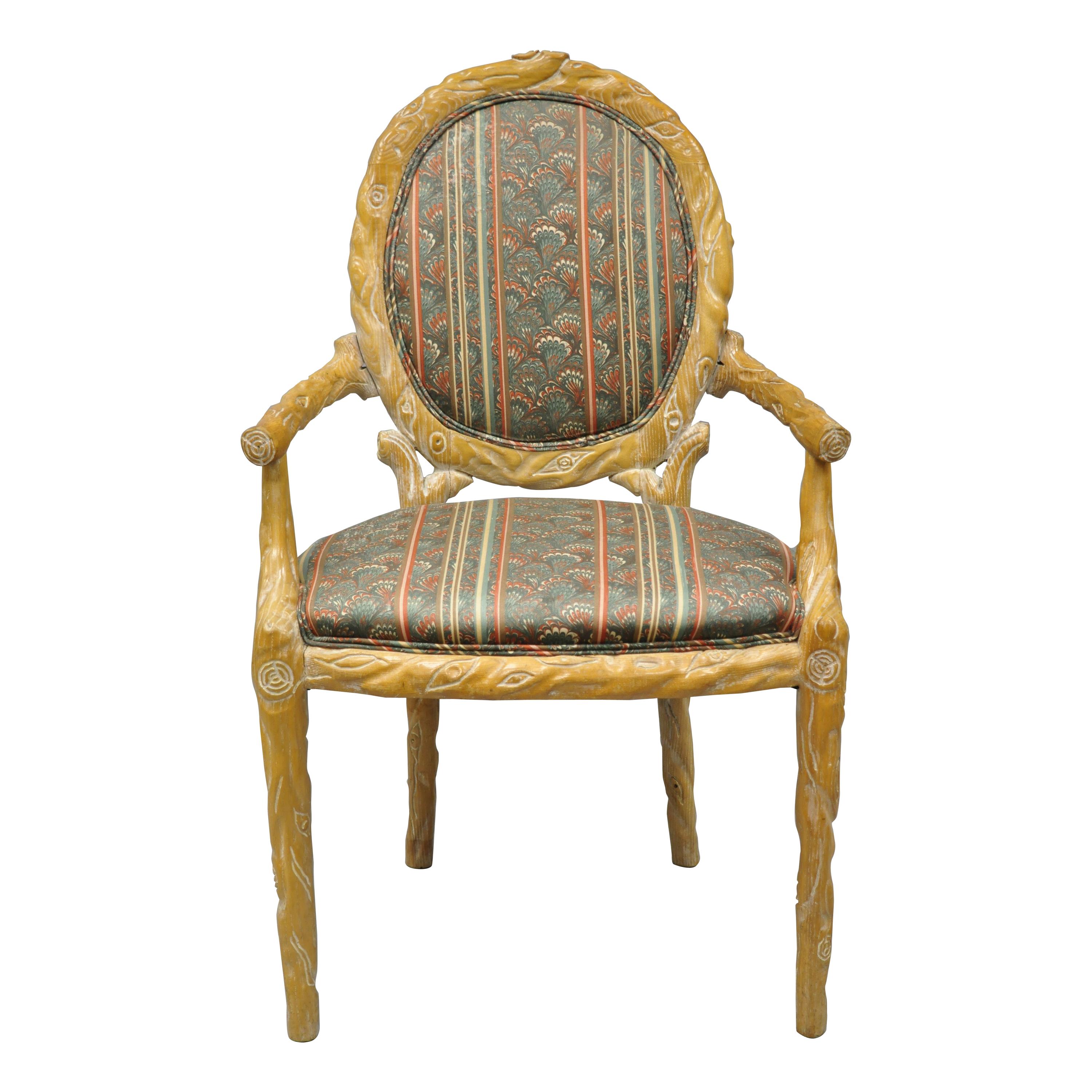 Faux Bois Branch Form Carved Wood Upholstered Back Chair Twig Dining Armchair