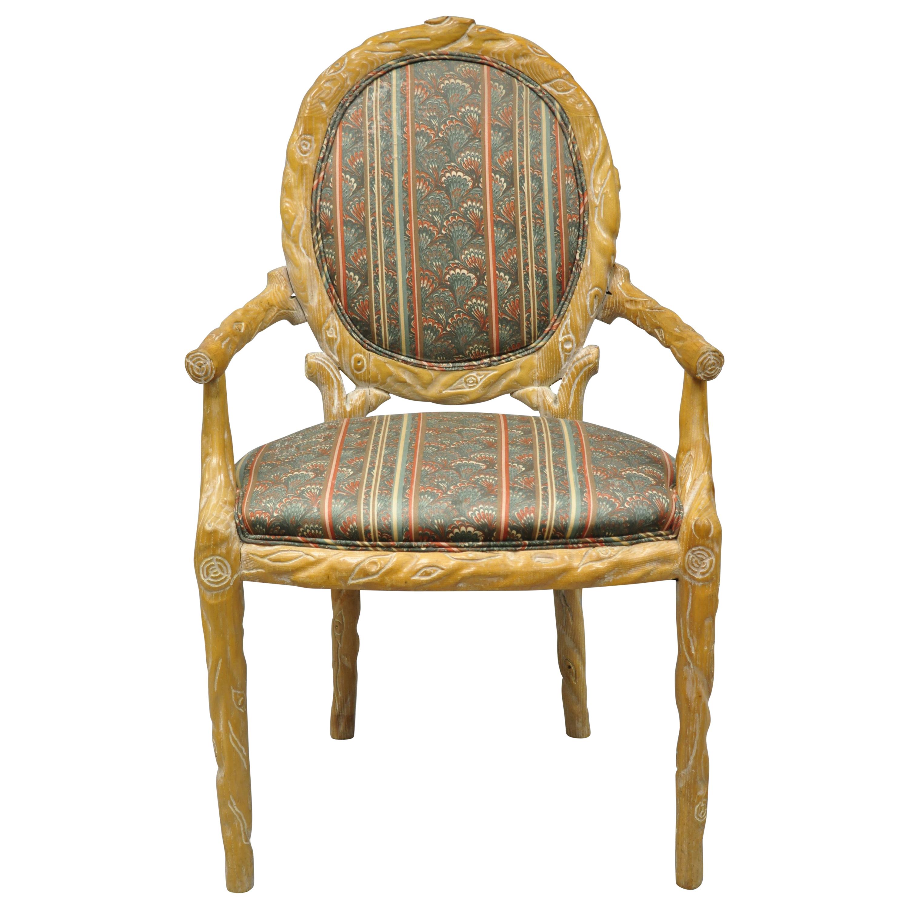 Faux Bois Branch Form Carved Wood Upholstered Back Chair Twig Dining Armchair